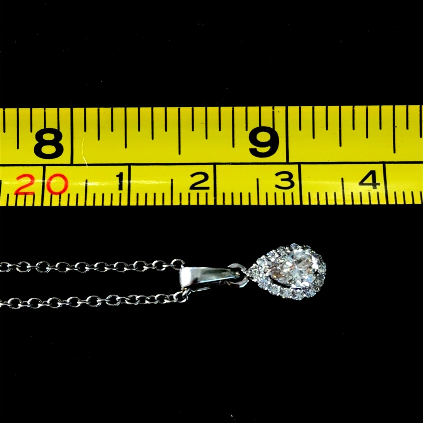 Lovely 18k White Gold Diamond Pear Halo Pendant & Chain Having 2 Length Adjustments 16” & 17” 0.6 Cts