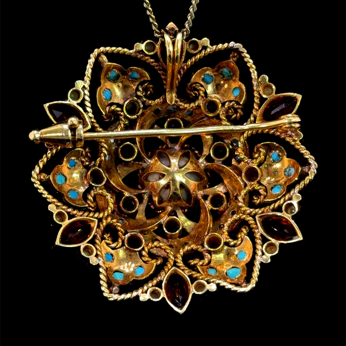 Absolutely Stunning Antique 18k Yellow Gold Pearl , Emerald,Diamond, Ruby. Brooch and Pendant
