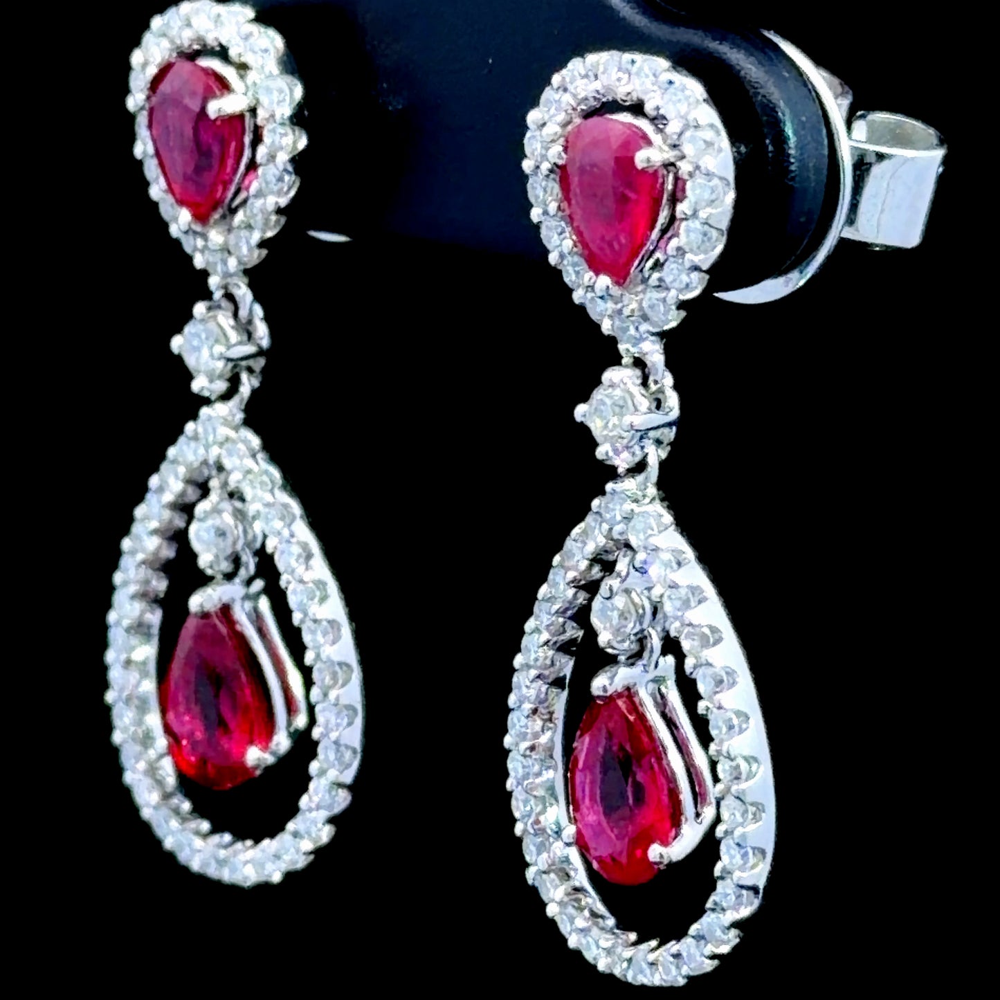 18k White Gold Ruby & Diamond Pear Halo Drop Stud Earrings Appx 1ct Diamonds RRP £4.5k