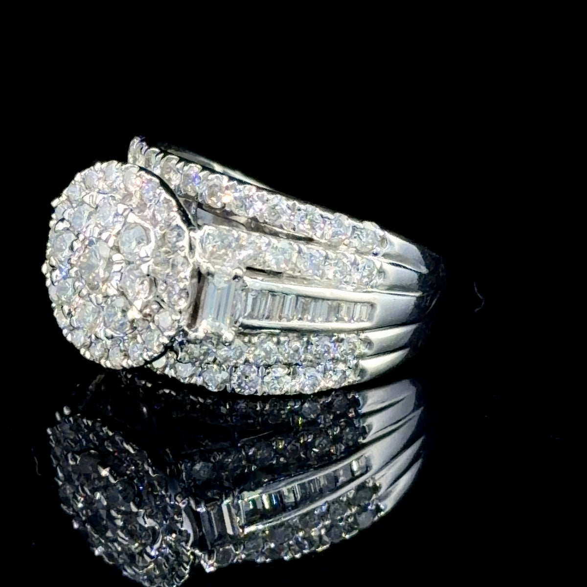 A Stunning Diamond Daisy Cluster Ring Featuring Round Brilliant And Baguette Cut Diamonds Appx 2.0 Cts Si1-2  J-K Colour