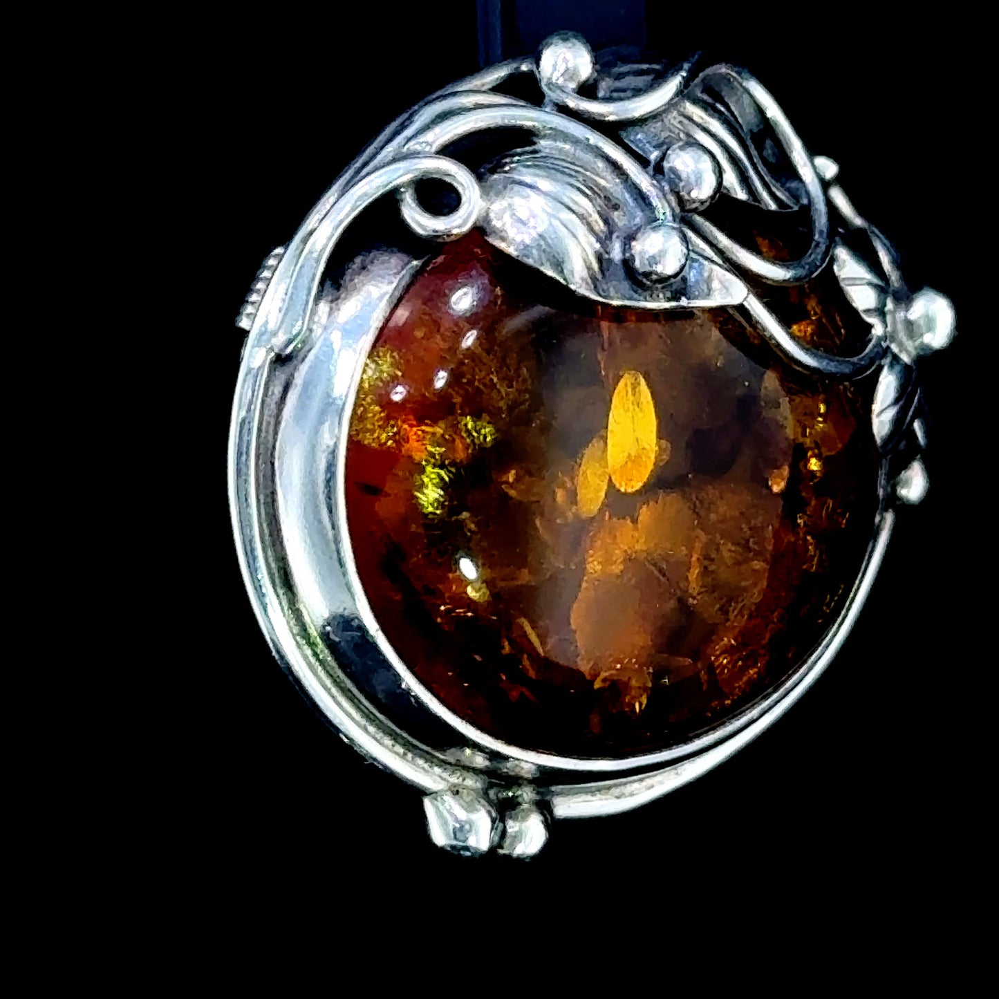 Silver Flower Vine Baltic Amber Brooch