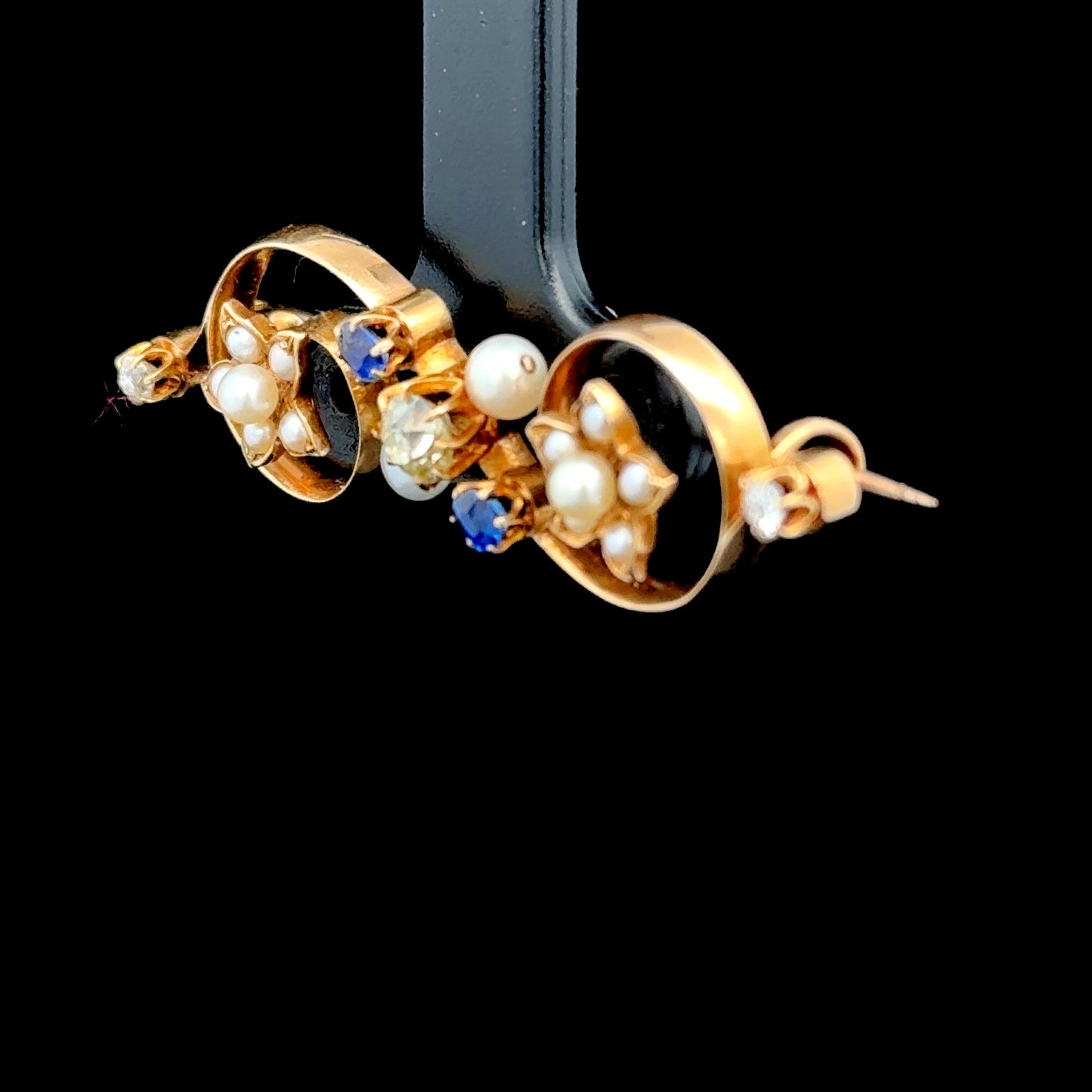 14K Yellow Gold Diamond, Sapphire & Pearl Brooch