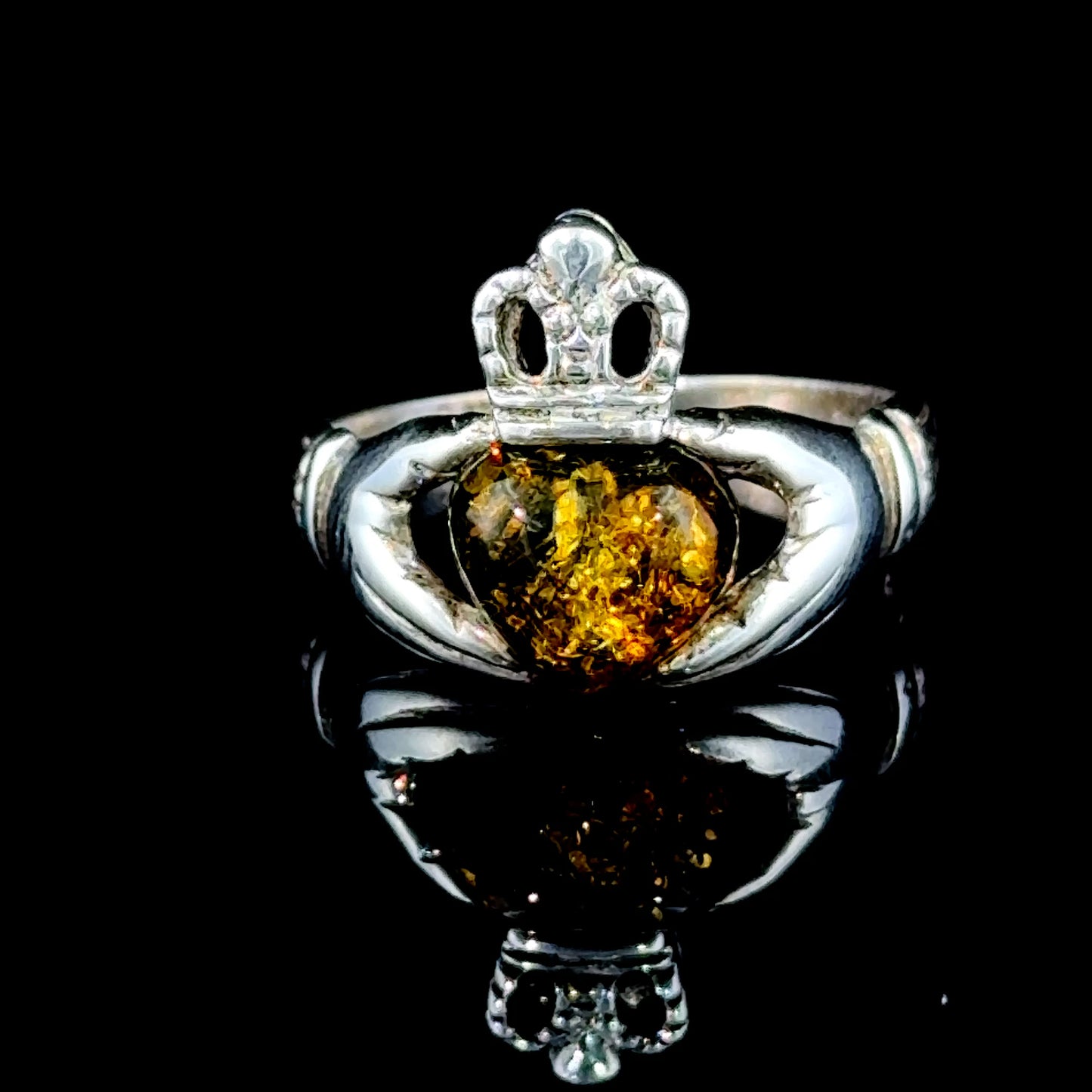 Silver Irish Claddagh Baltic Amber Heart Ring