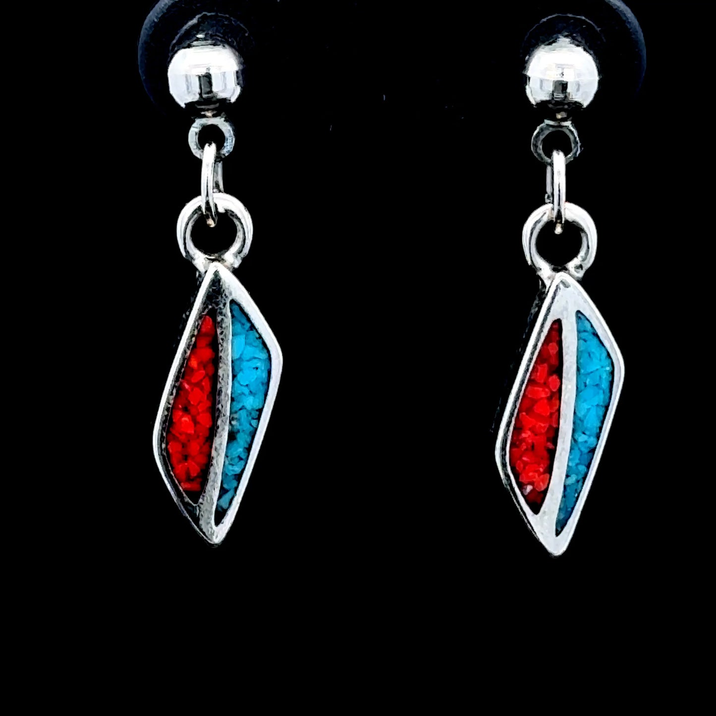 Silver with Mosaics of Coral & Turquoise Dangle Studs