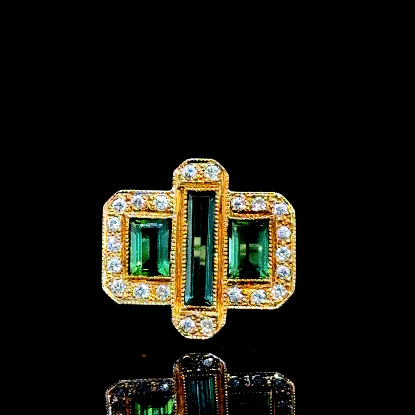 18K Yellow Gold Tourmaline & Diamond Art Deco Ring
