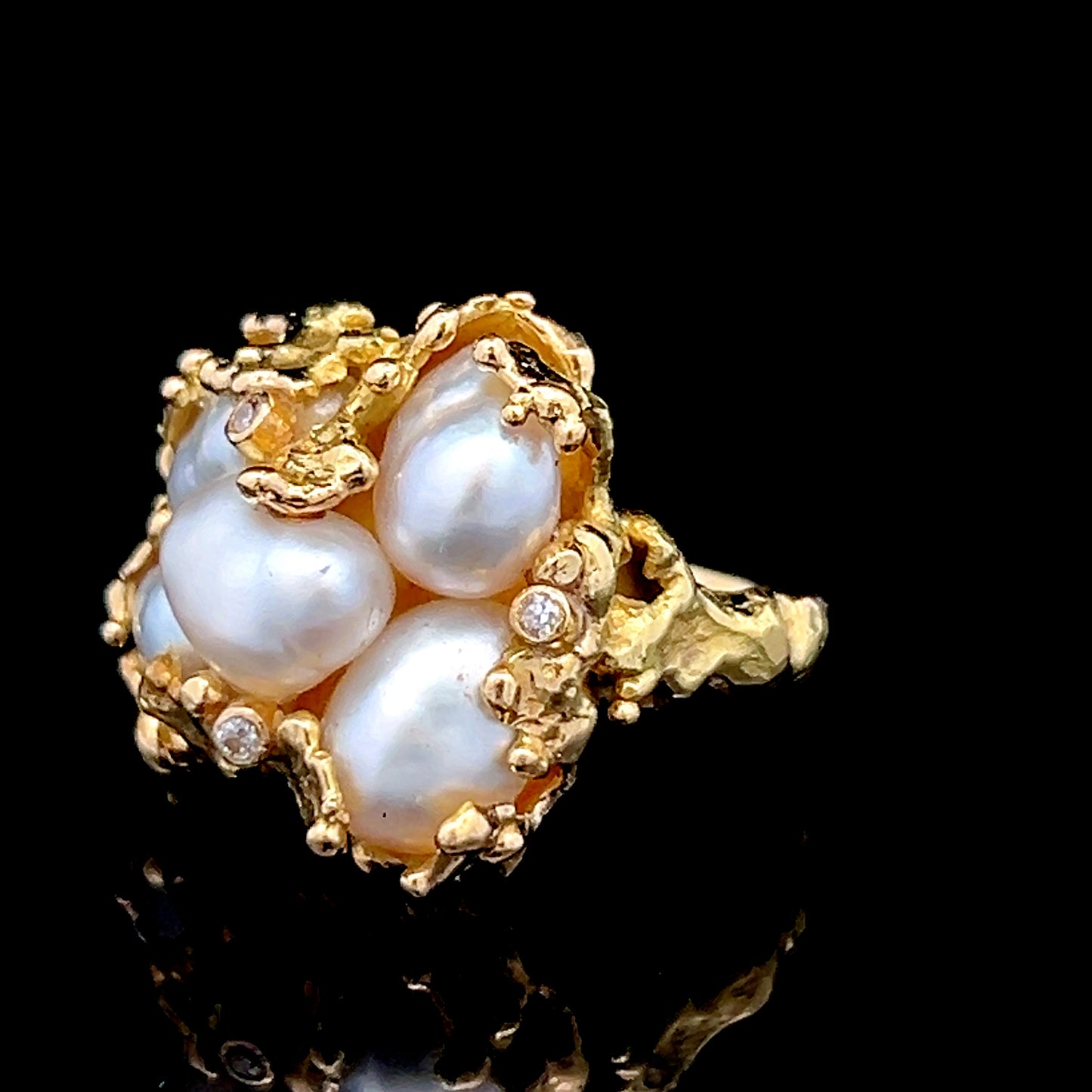 18K Yellow Gold Baroque 5 Pearl & Diamond Dress Ring