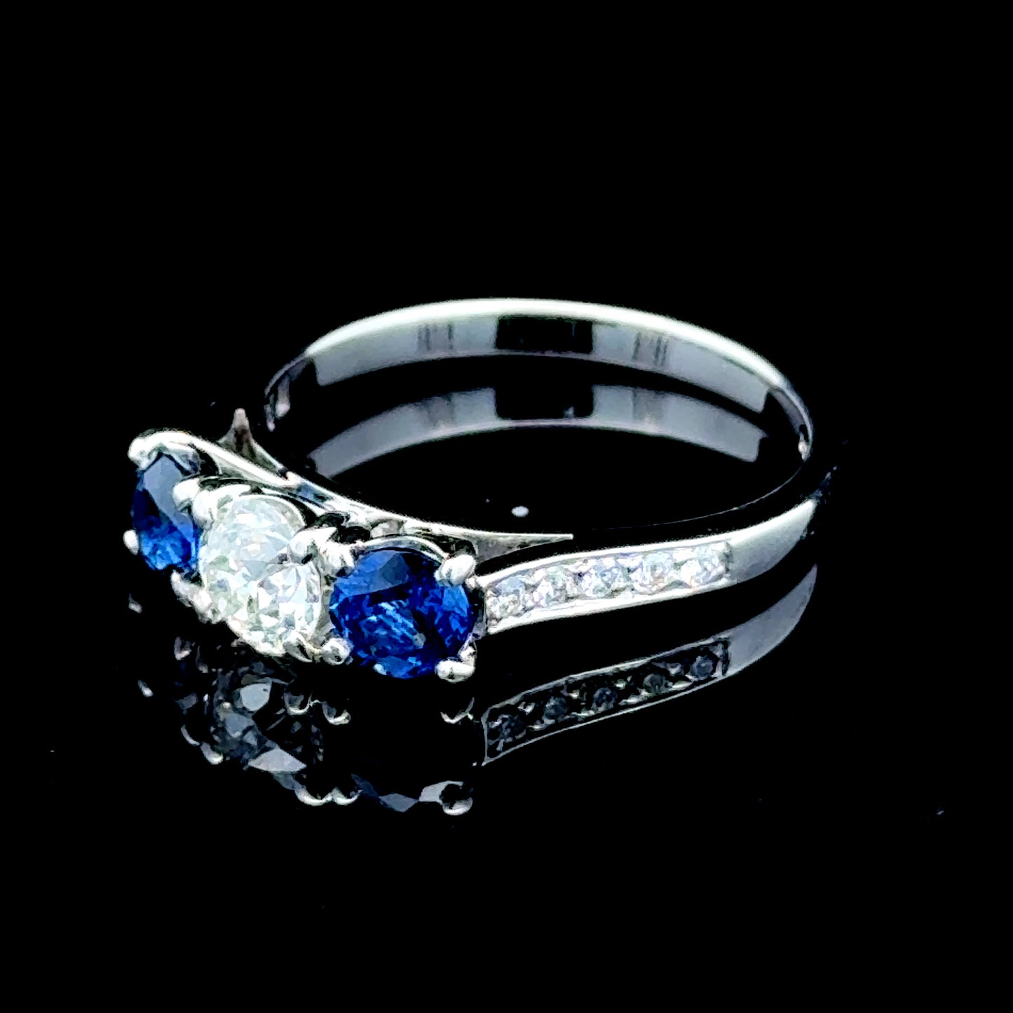 18K White Gold Sapphire & Diamond Trilogy Ring with Diamonds to Shoulders