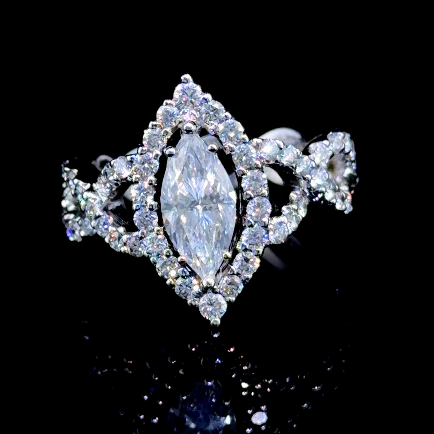 18k White Gold Marquise Diamond Halo Ring With Twisted Shank. 1.01 Cts D VS1