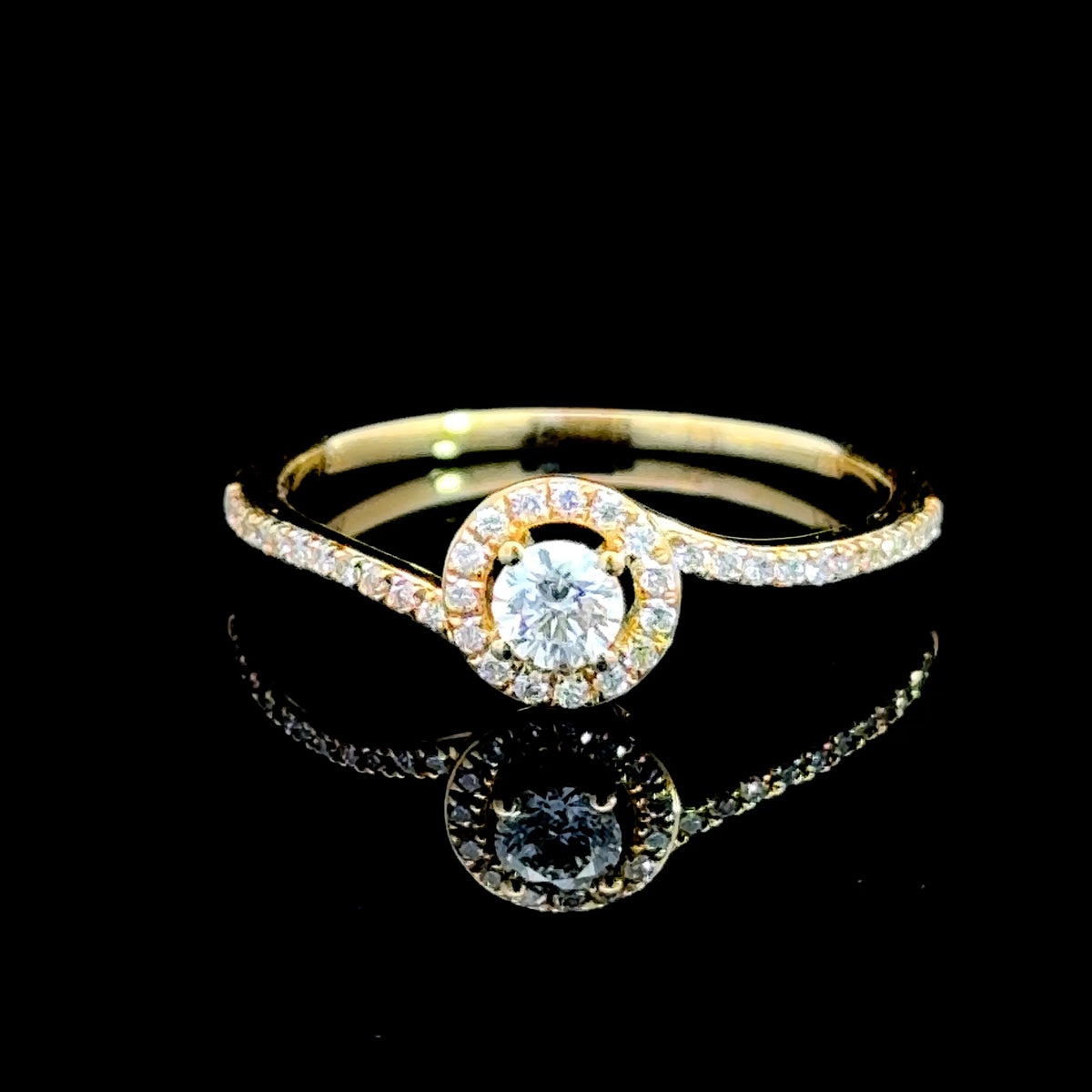 Pretty 18K Yellow Gold Diamond Halo Crossover Ring with Diamonds to Shoulders 0.28 CTS