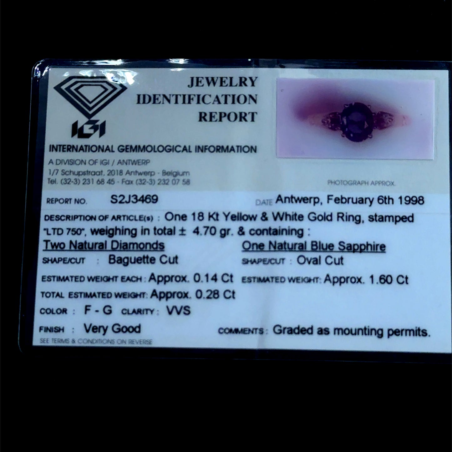 18K Yellow Gold & White Gold Sapphire & Baguette Diamond Trilogy Ring CERTIFIED S: 1.60 CTS D: 0.28 CTS