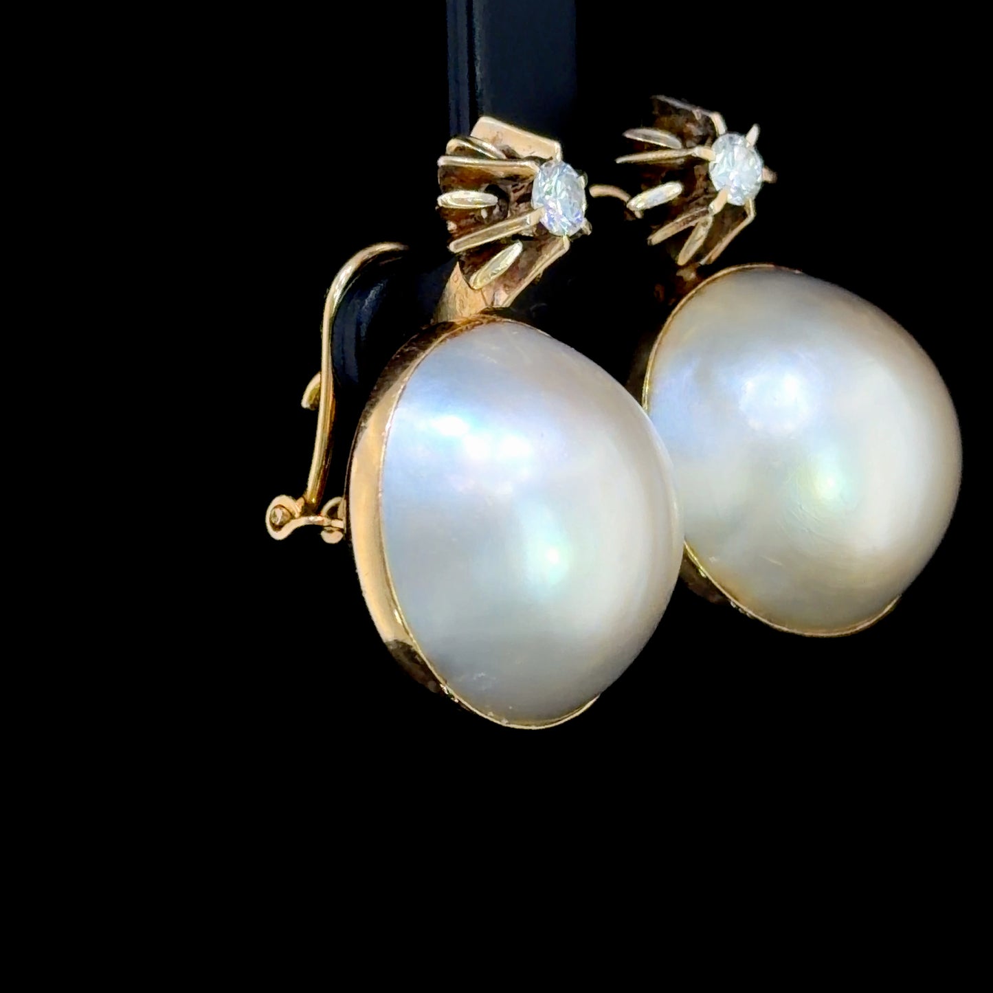 Spectacular Large 18k Yellow Gold MABE Pearl & Diamond Stud Earrings With Omega Clips