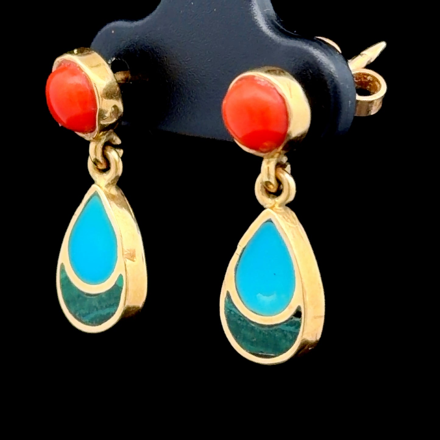 18k Yellow Gold Coral Turquoise & Malachite Drop Earrings