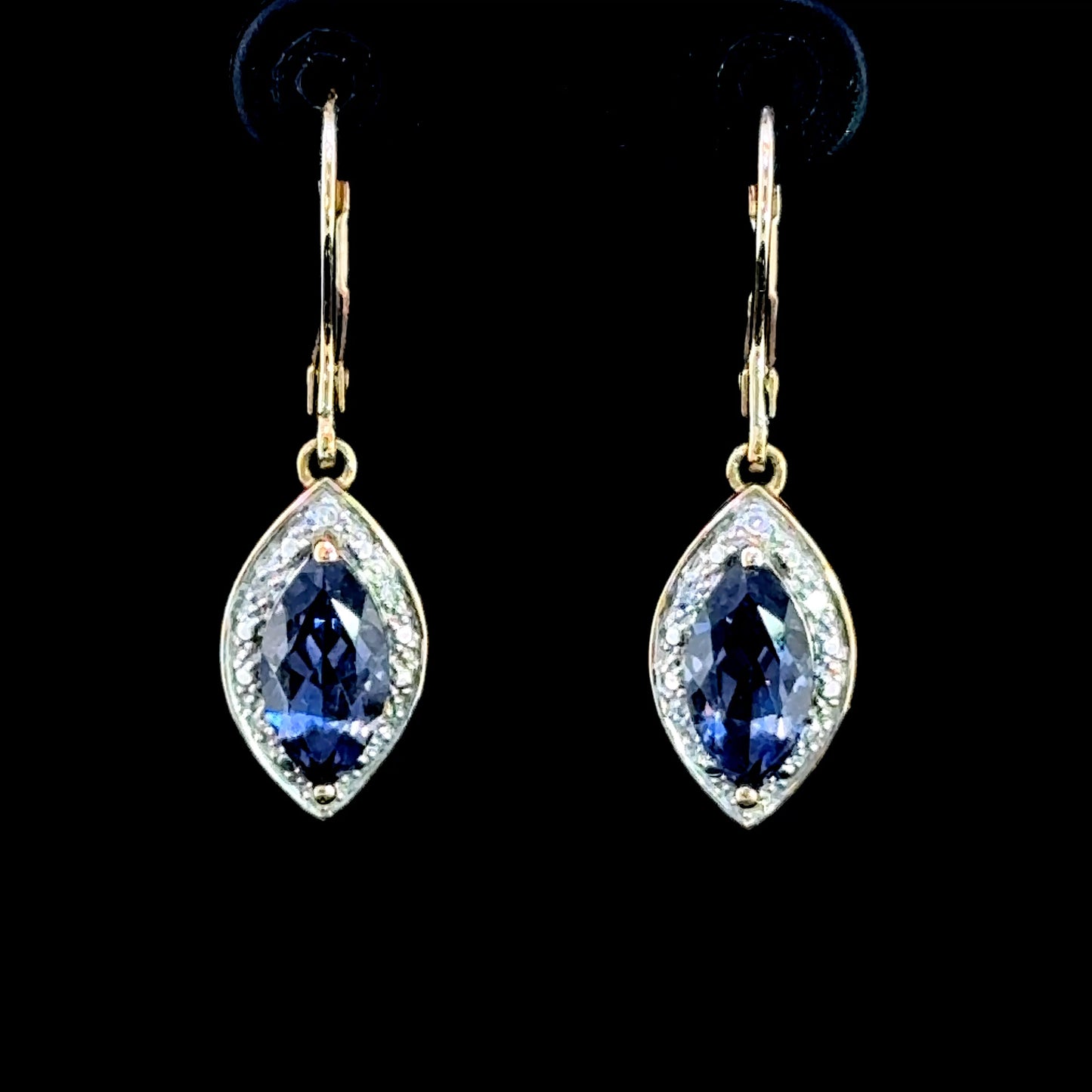 9K Yellow Gold Tanzanite & Diamond Drop Earrings with Hook Catch