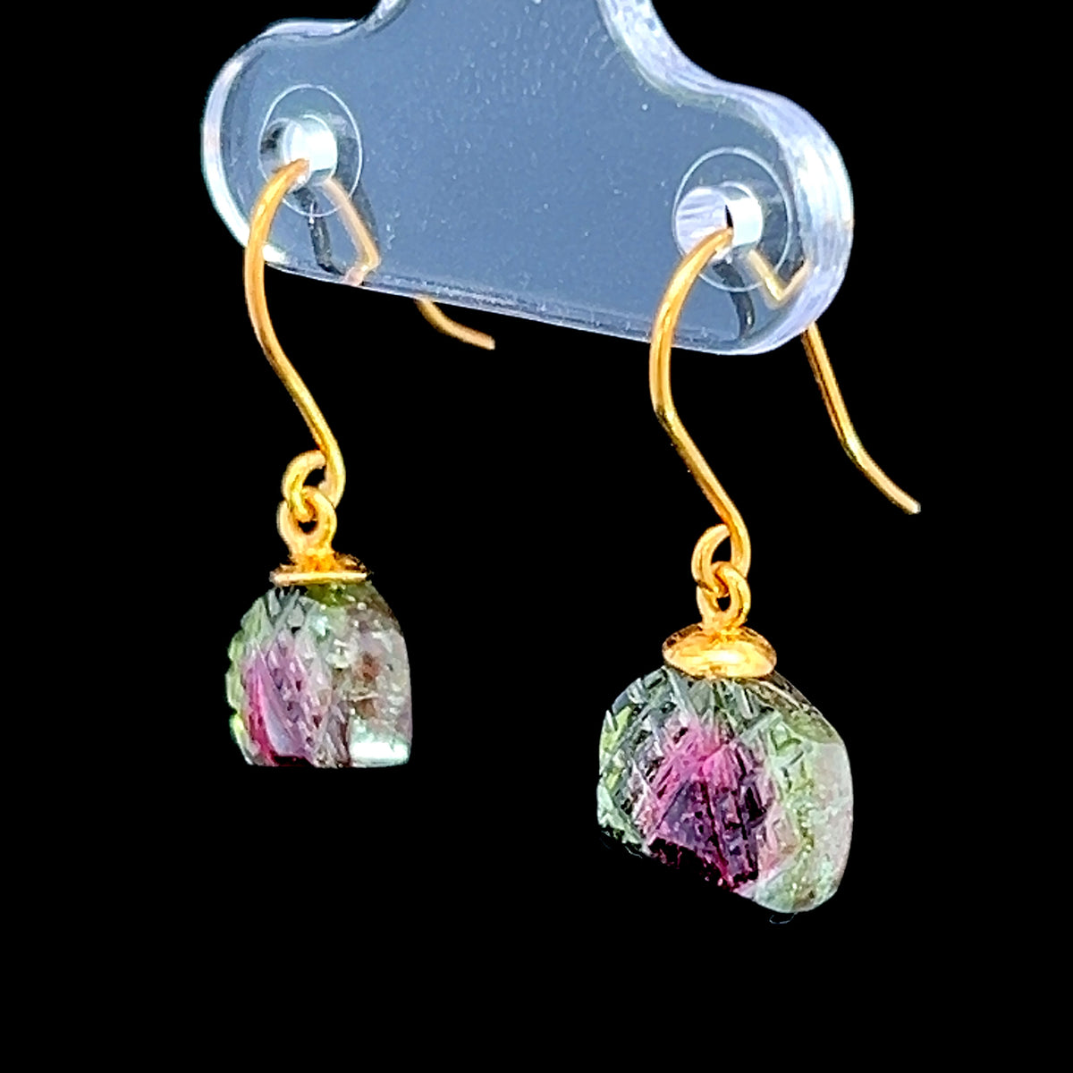 9K Yellow Gold Watermelon Tourmaline Hook Drop Earrings