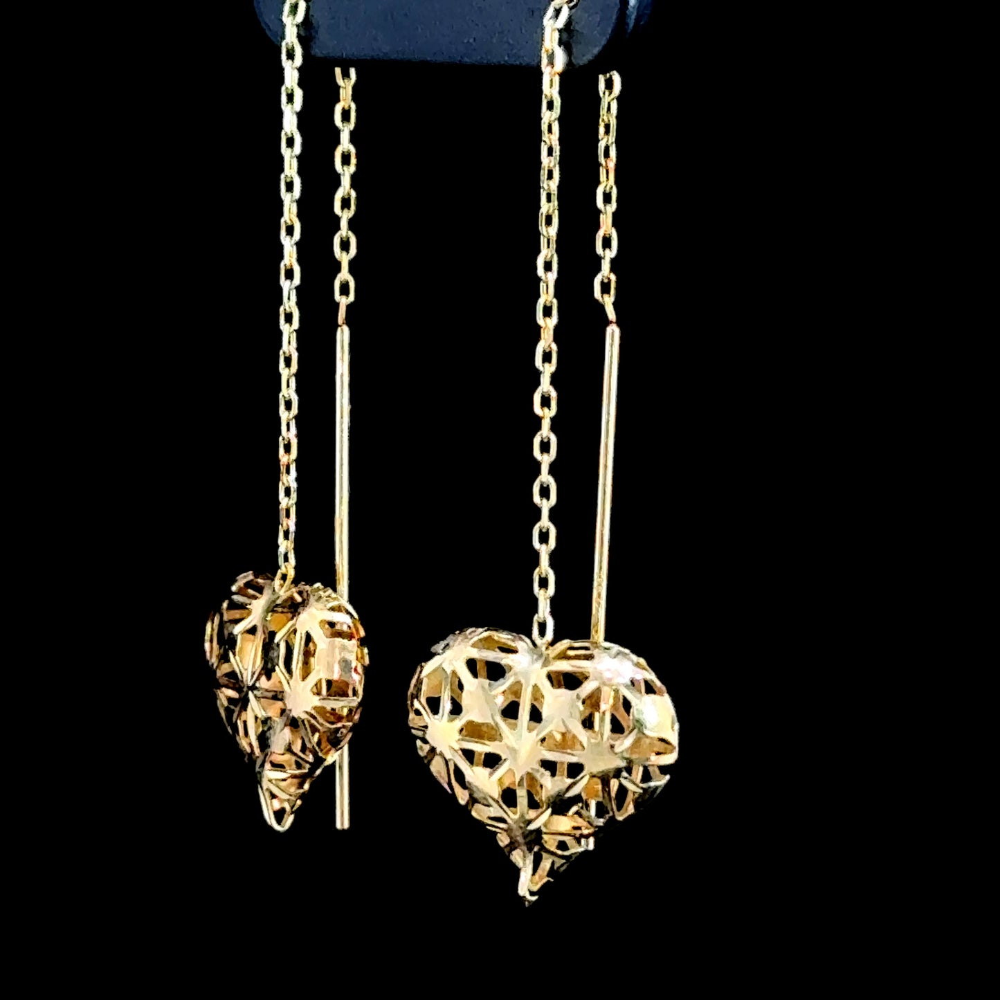 9K Yellow Gold Heart Drop Chain Earrings