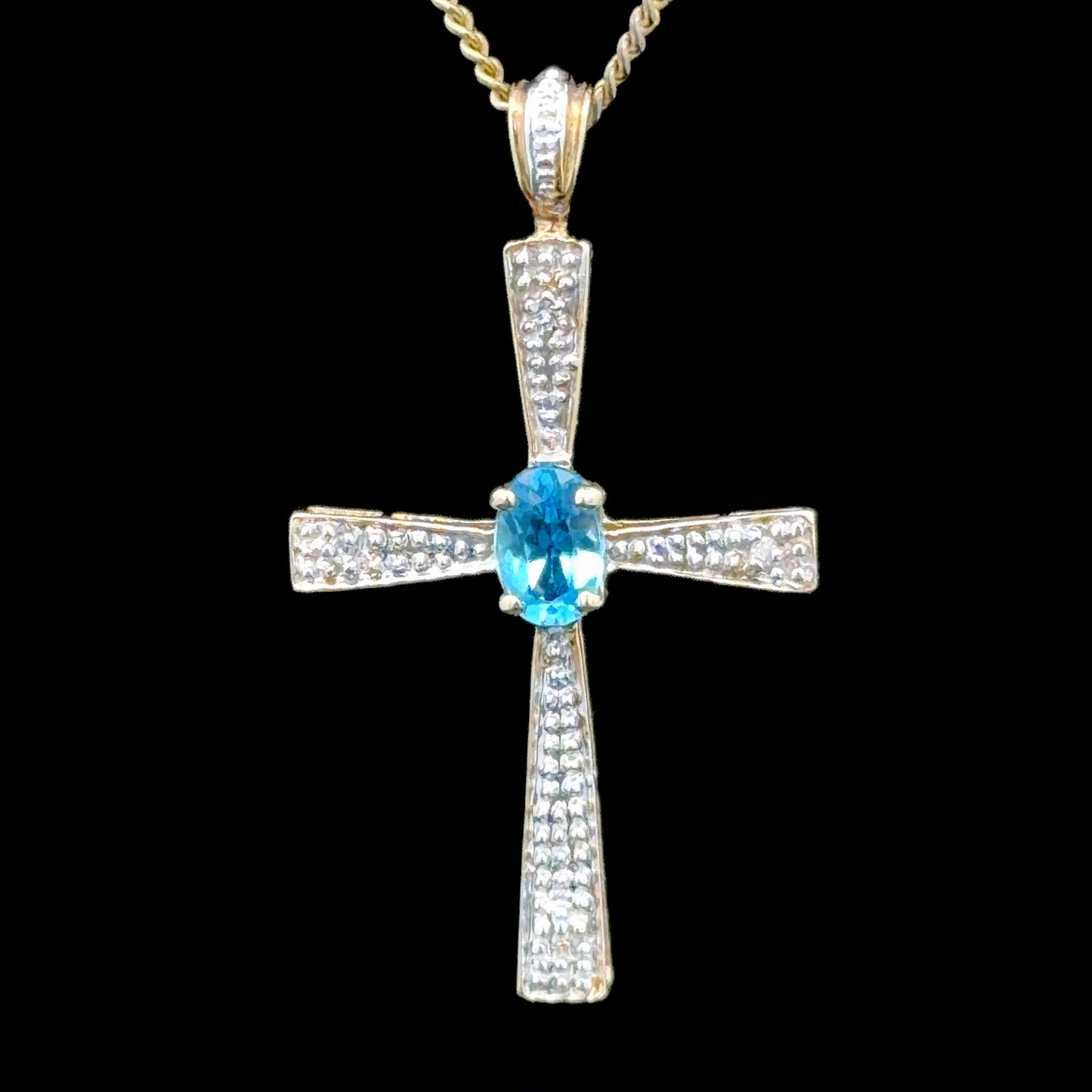 9k Oval Blue Topaz and Pave Diamond Yellow Gold Cross Pendant