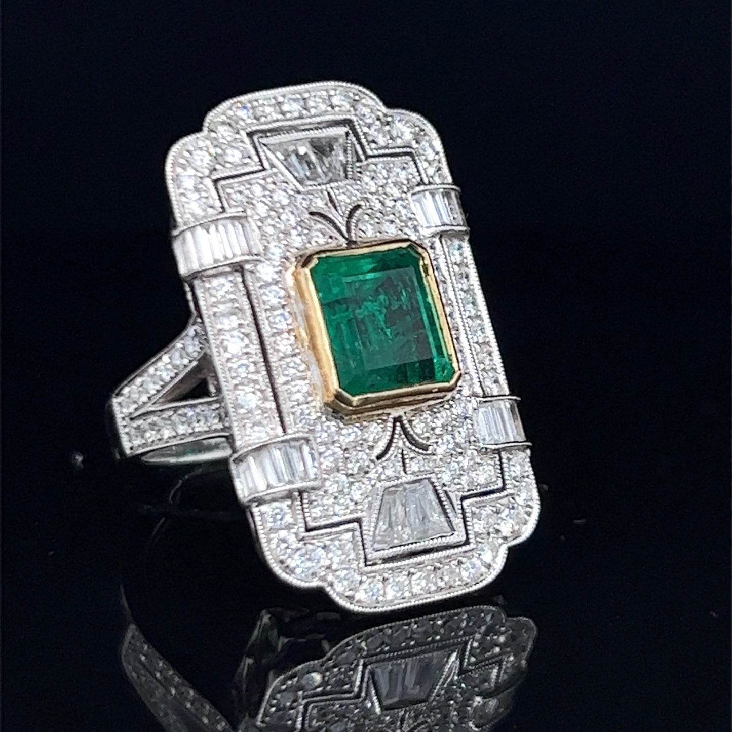 Spectacular 18k White Gold Diamond & Muzo Emerald Deco Style Ring Dia 2.0 Cts Emerald 2.0 Cts With Safeguard certification.