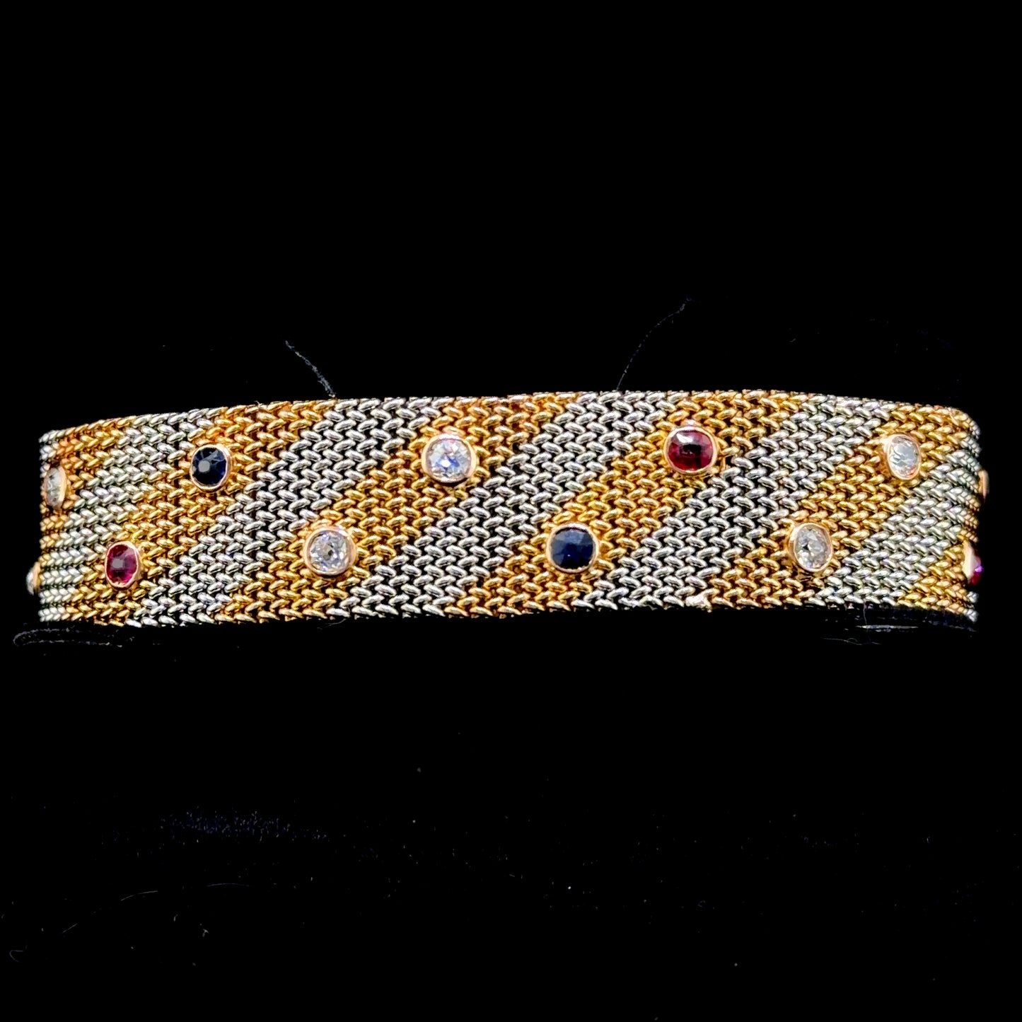 Fabulous 18k Two-Tone Yellow & White Gold Woven Mesh Ruby Diamond & Sapphire Bracelet D:1.2 R:0.6 S:0.6 CTS