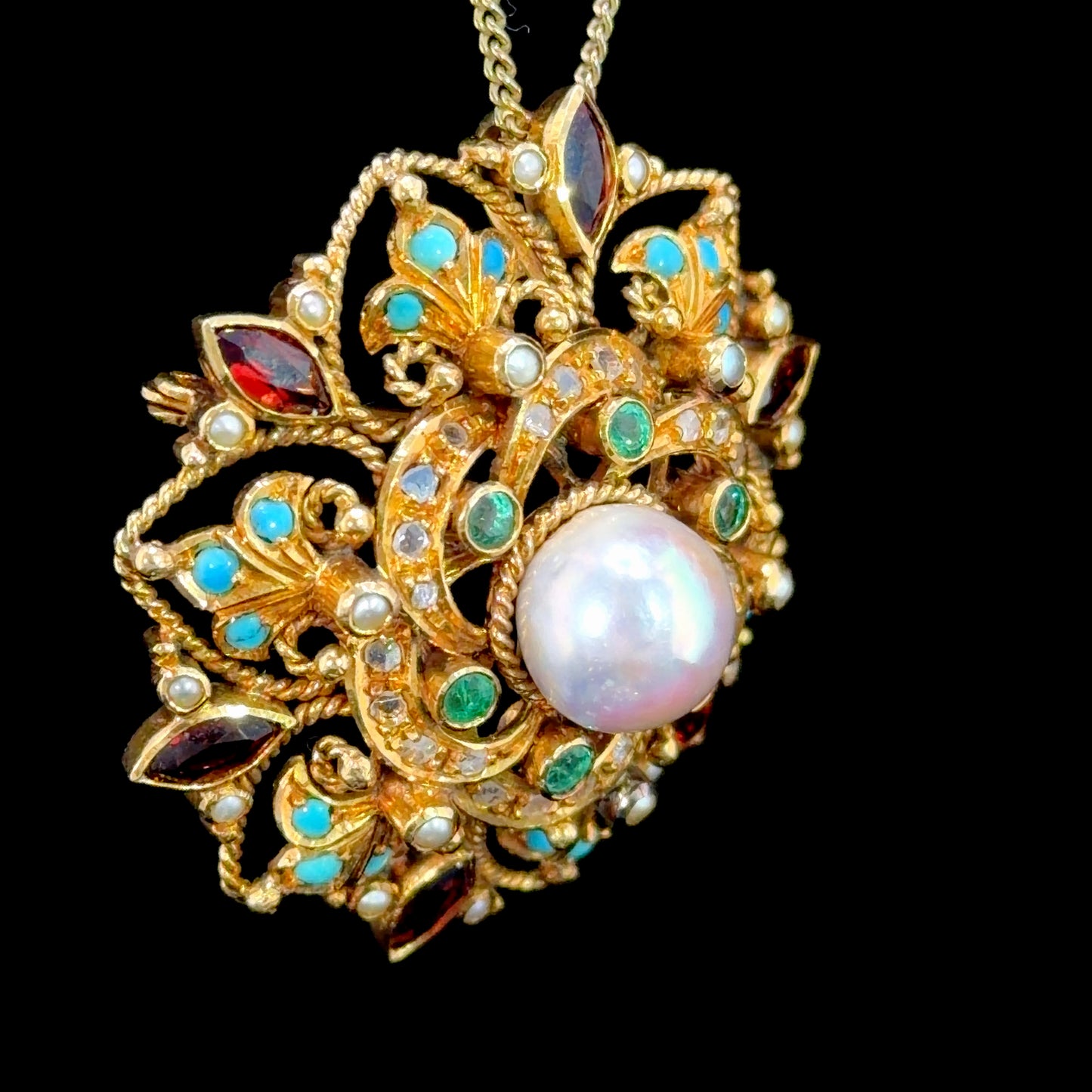 Absolutely Stunning Antique 18k Yellow Gold Pearl , Emerald,Diamond, Ruby. Brooch and Pendant