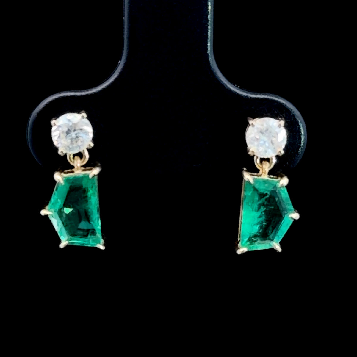 Stunning Geometric Columbian Emerald & Diamond Drop Earrings Set In 18k Yellow Gold Having Screw Backs