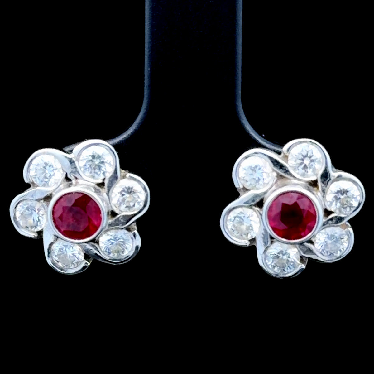 A Lovely Pair Of 18k White Gold Ruby & Diamond Cluster Stud Earrings Diamonds Appx. 0.8Cts & Rubies Appx. 0.5Cts Total