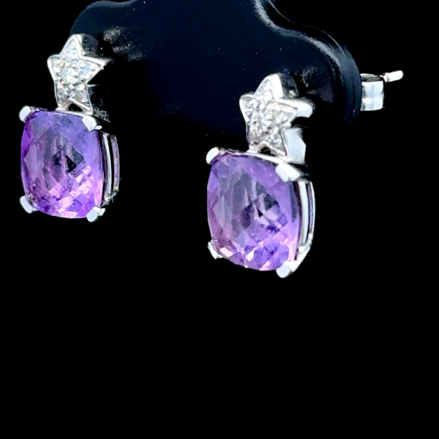 18k White Gold Amethyst & Diamond Star Studs