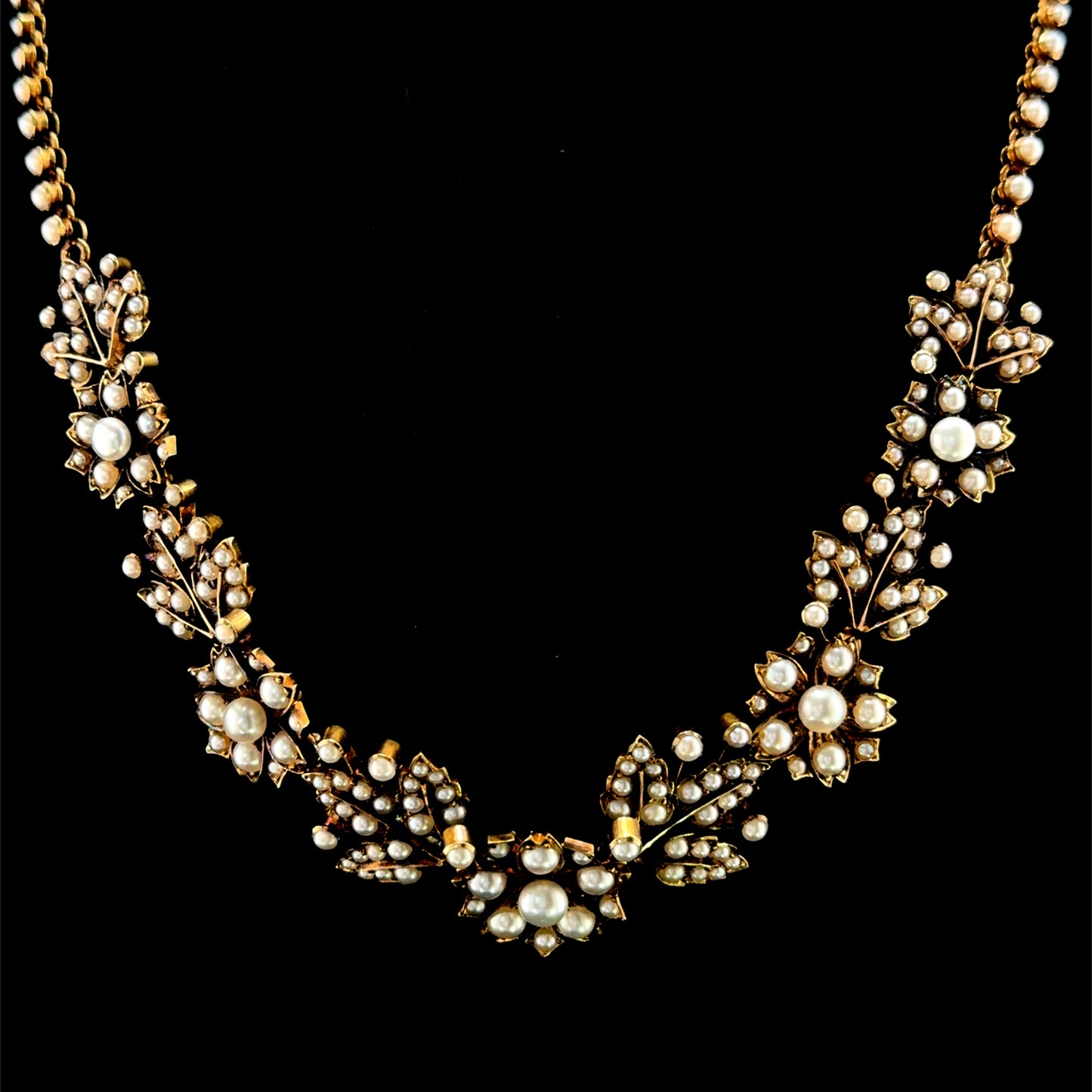 15k Antique Heavy Pearl Floral Necklace 16”