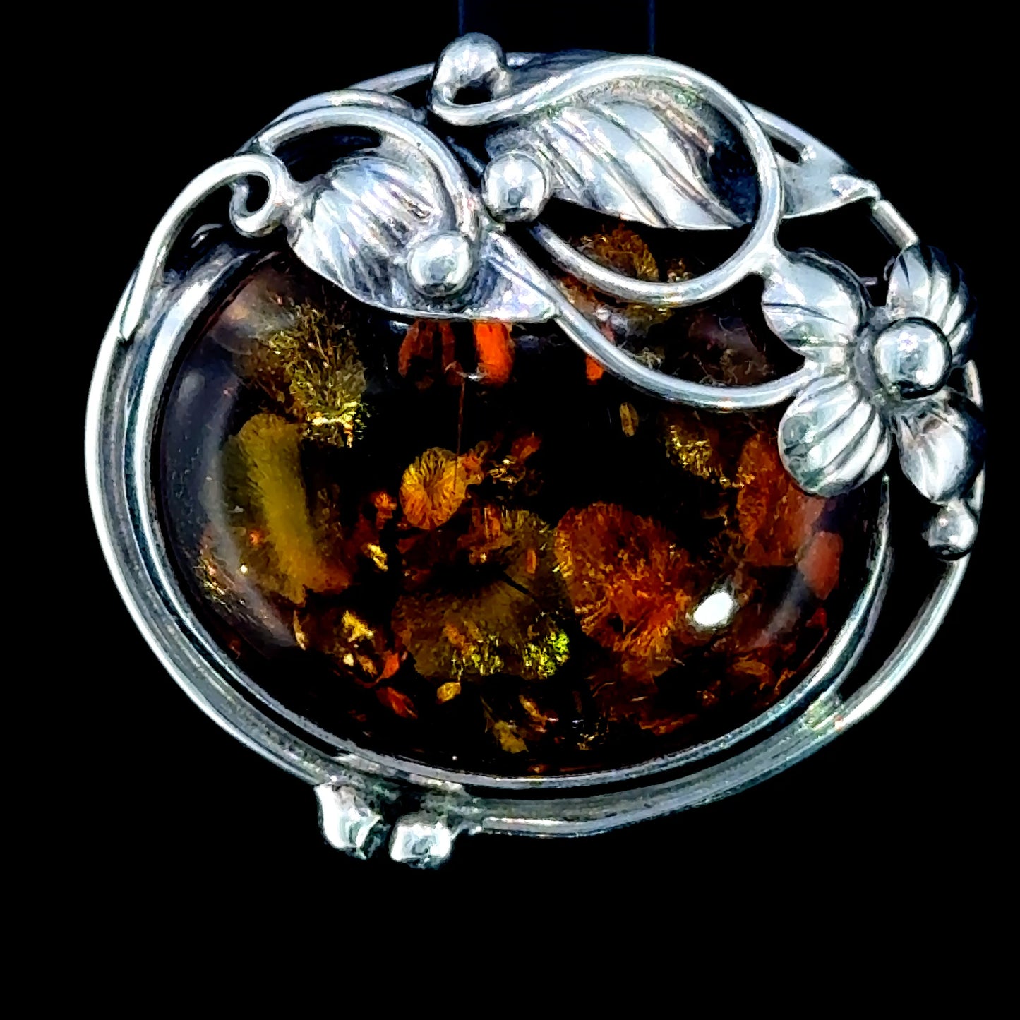 Silver Flower Vine Baltic Amber Brooch