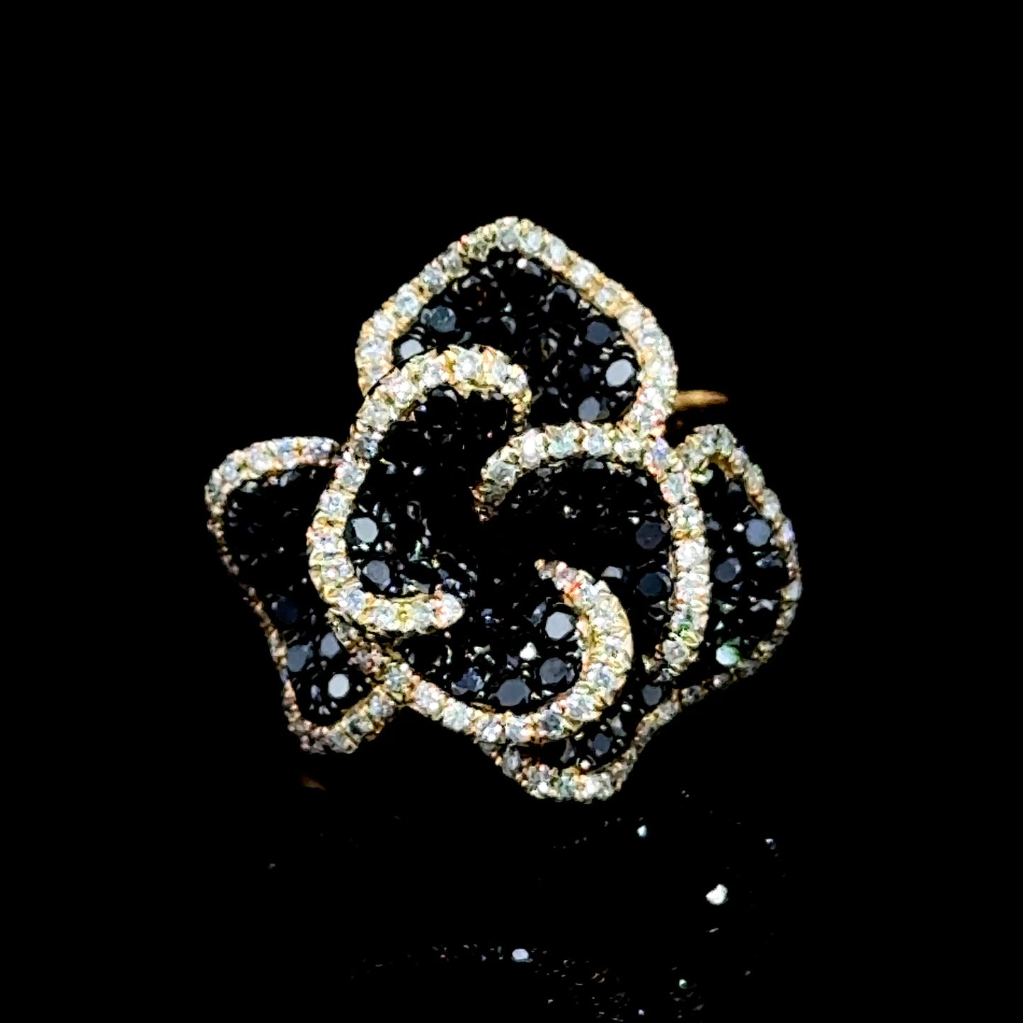 14K Yellow Gold Black & White Diamond Flower Ring
