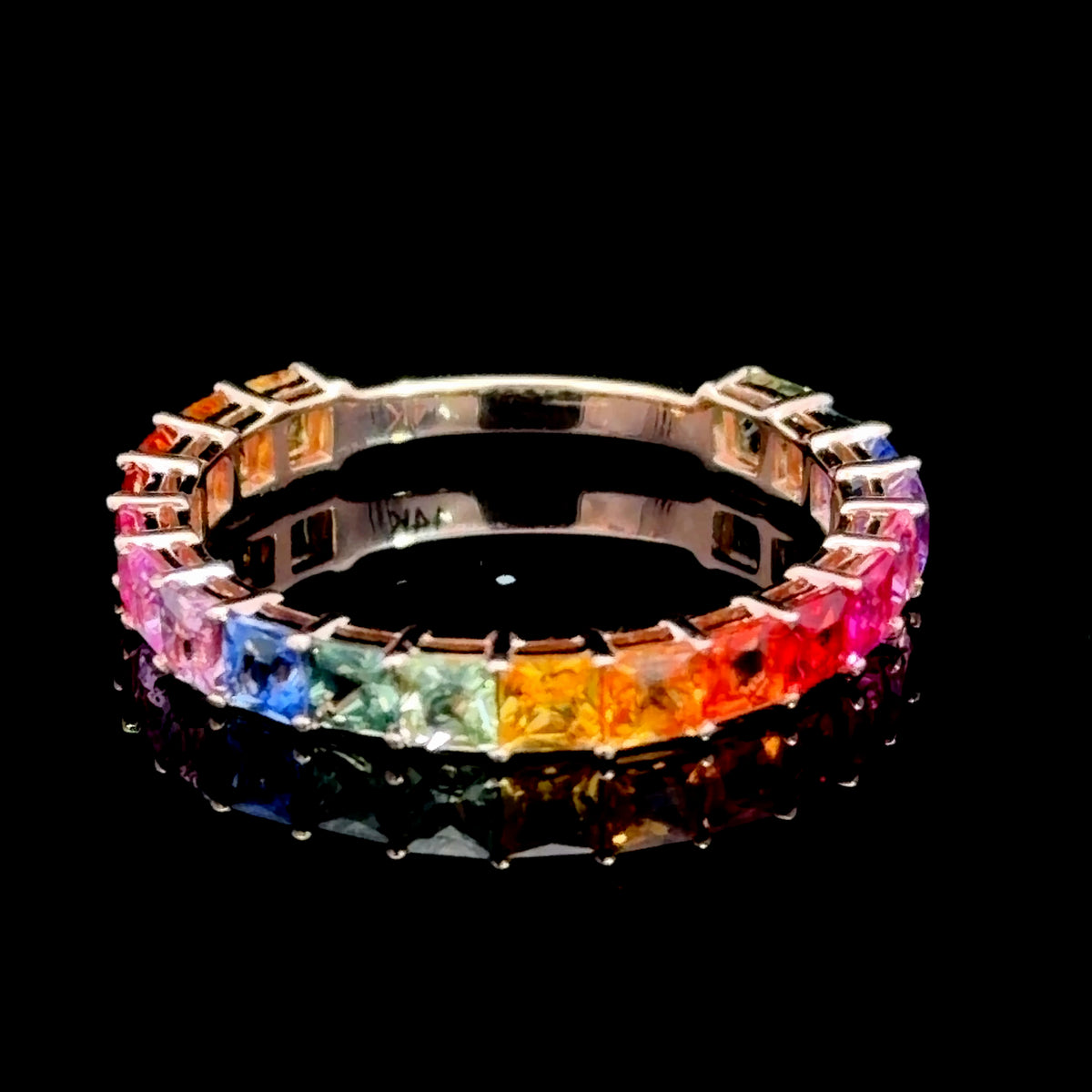 Very Pretty 14k Rose Gold Princess Cut Rainbow Sapphire Full Eternity Ring With Sizing Bar Appx 2.0 Cts Of Sapphires.