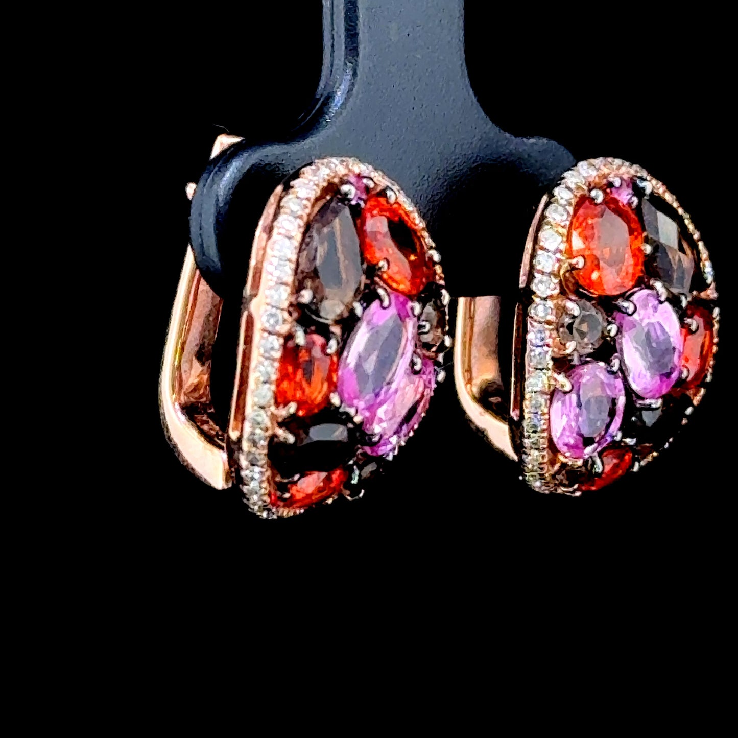 9K Rose Gold Amethyst, Citrine& Smokey Quartz Outlined with Diamonds Clip Earrings
