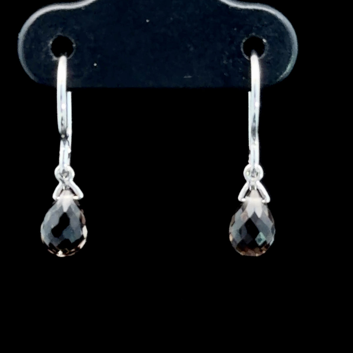 Pretty 9k White Gold Smokey Quartz Briolette Cut Drop Earrings With Hook Backs