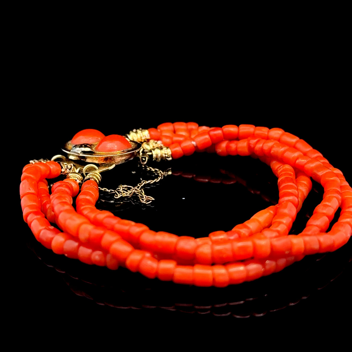 A Victorian 9k Rose Gold 4 Strand Coral Bracelet With Safety Chain To Clasp
