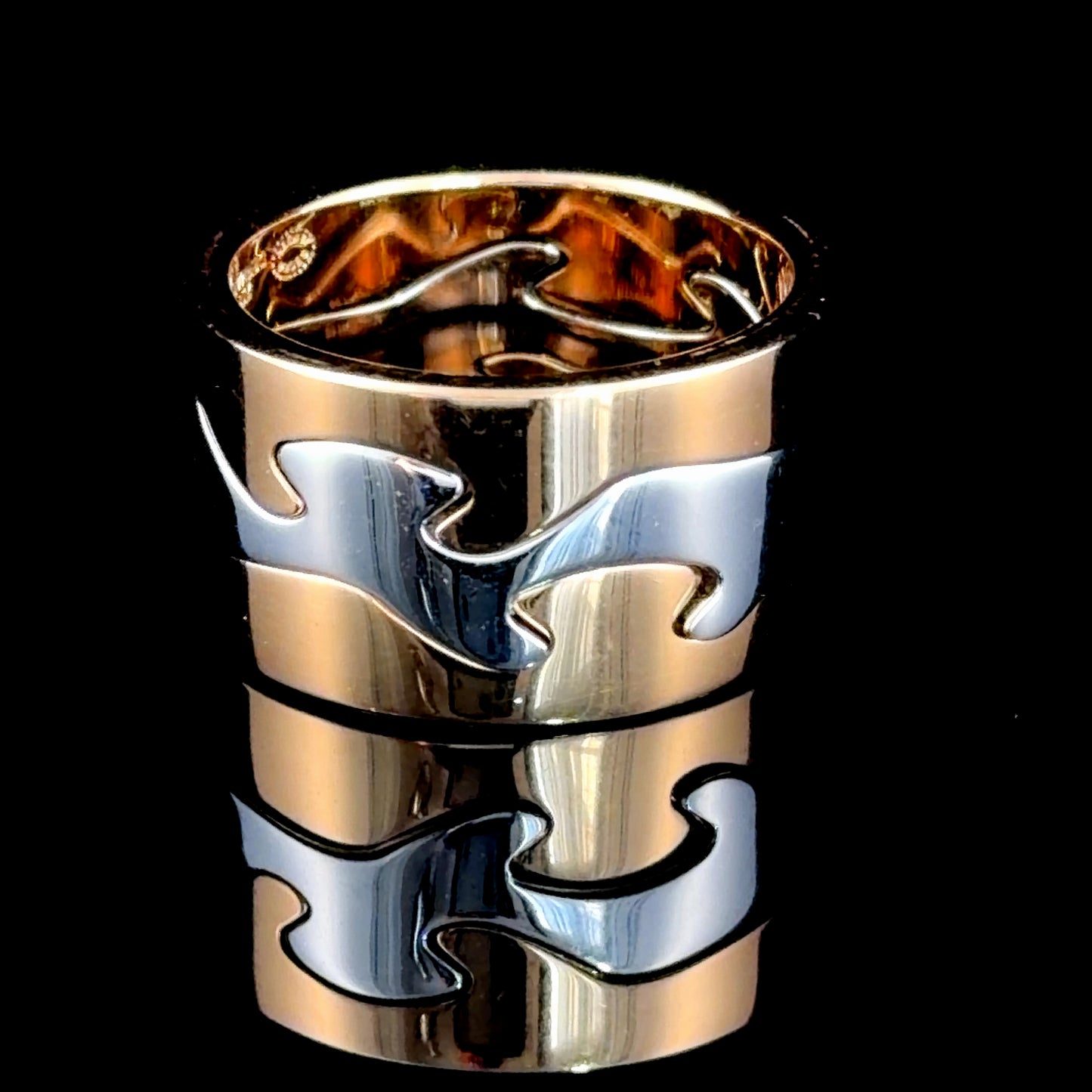 Fabulous 18k White & Yellow Gold Interlocking Puzzle Ring By By George Jenson From Their Fusion Collection. Part Of The Ronald Charles Collection