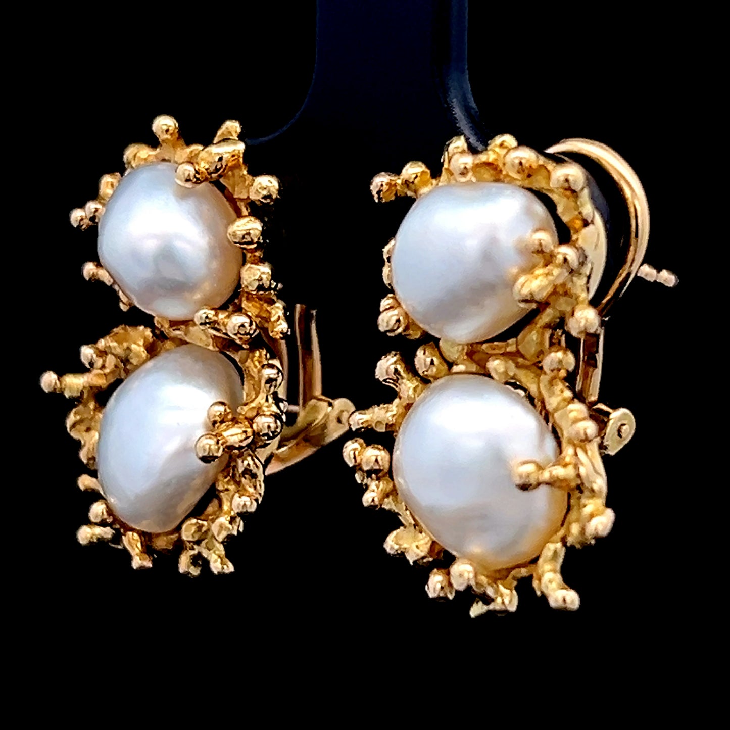 18K Yellow Gold Baroque Twin Pearl Earrings with Omega Clip Backs