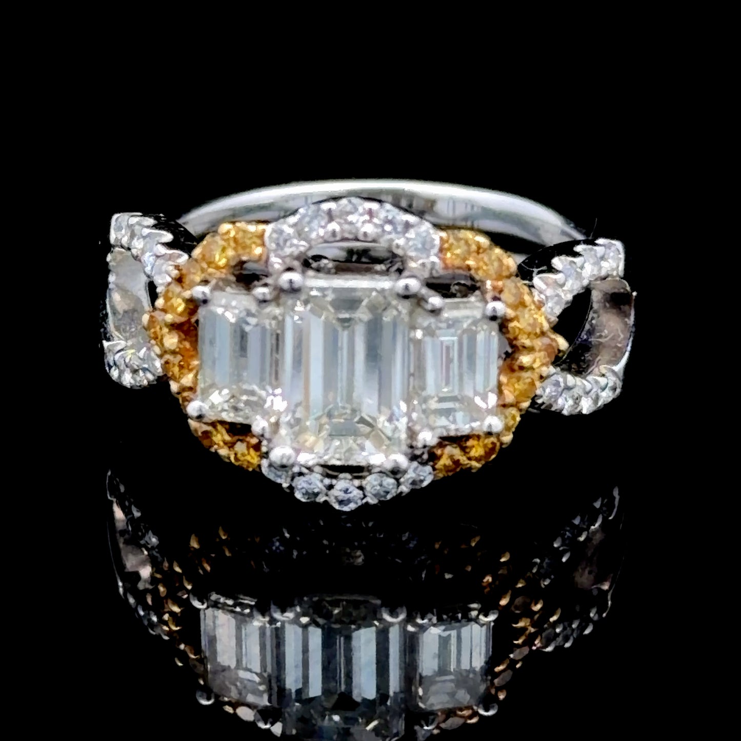 18k Yellow & White Gold Emerald Cut Diamond Trilogy Halo With A Diamond Set Twisted Shank 1.84 Cts Total