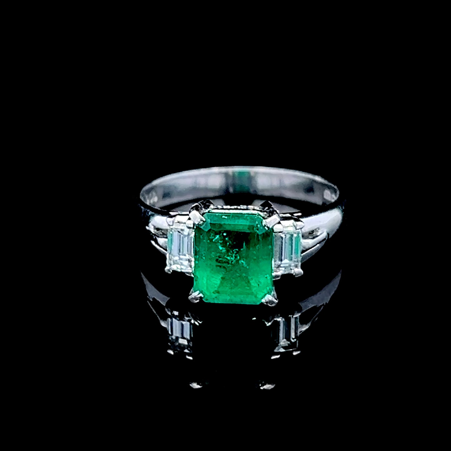 Platinum Emerald Ring with Baguette Diamonds APPX E: 1.75 CTS