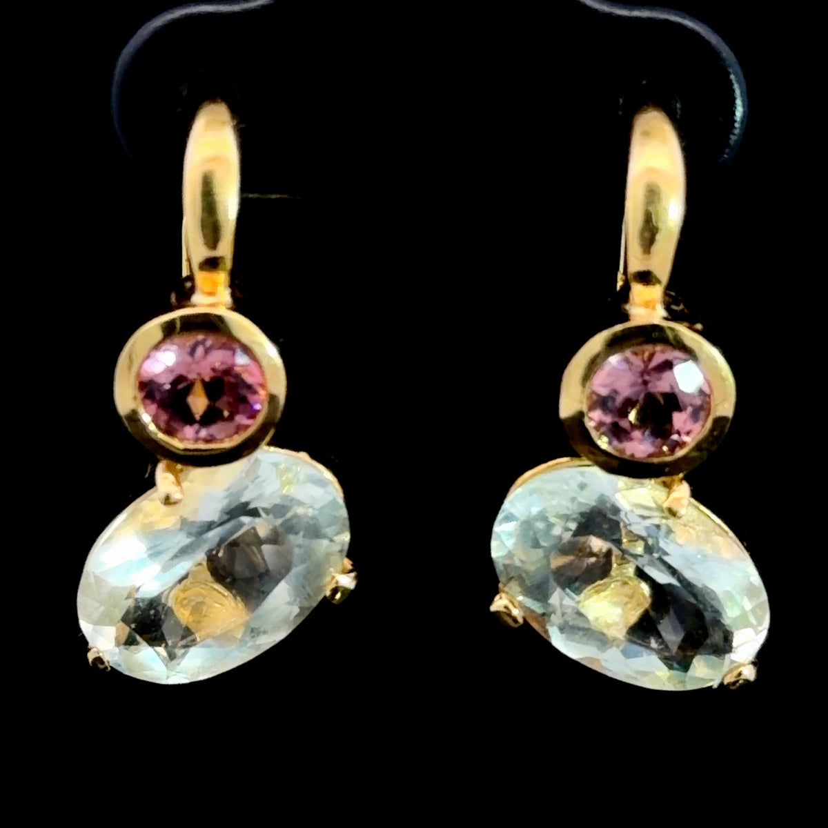 Stunning 18k Yellow Gold Aquamarine & Pink Tourmaline Hinged Lever Back Continental Clip Earrings (We Have the Matching Ring Code 8556)