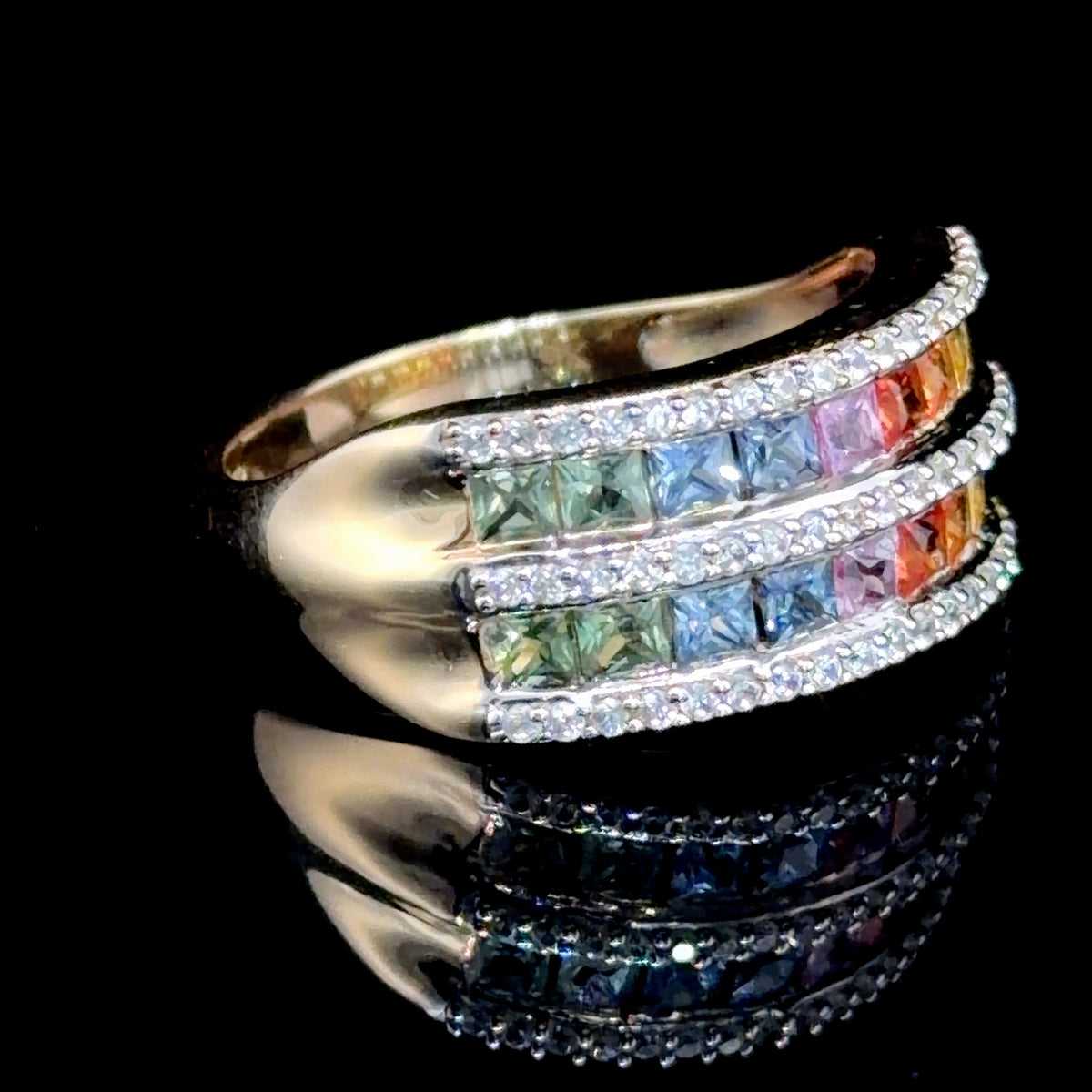 Stunning 9k Yellow Gold Double Row White & Multi-Colour Sapphire Ring