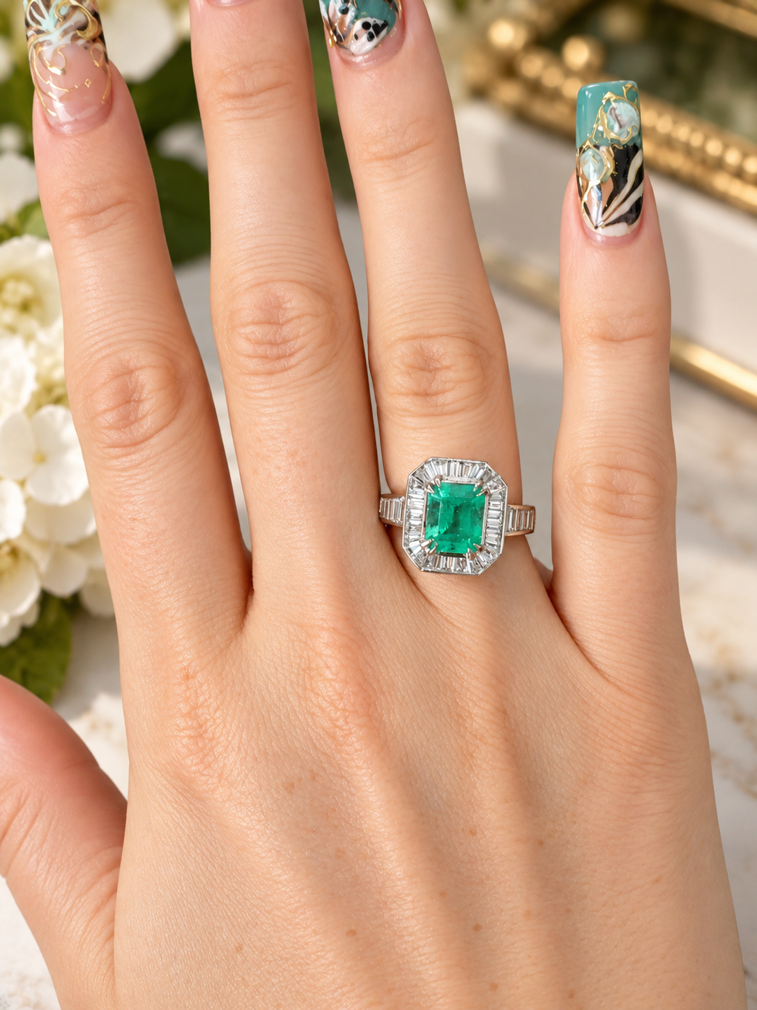 Platinum Emerald and Baguette Diamond Halo Ring With Diamonds to shoulders APPX: E-1.8CTS D-1CTS
