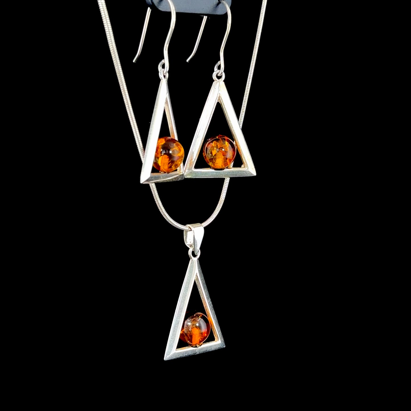 Lovely Silver & Amber Triangular Pendant Necklace and Hook Earring Suite