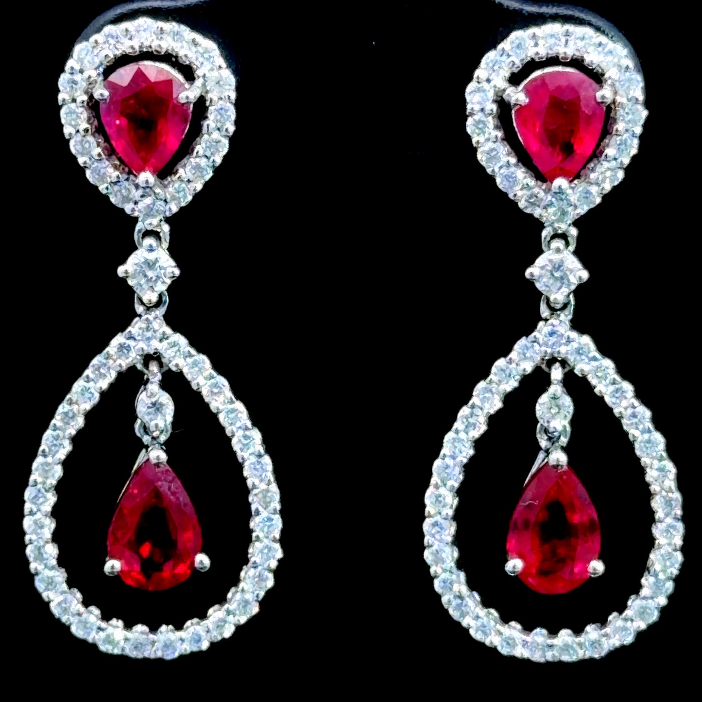 18k White Gold Ruby & Diamond Pear Halo Drop Stud Earrings Appx 1ct Diamonds RRP £4.5k