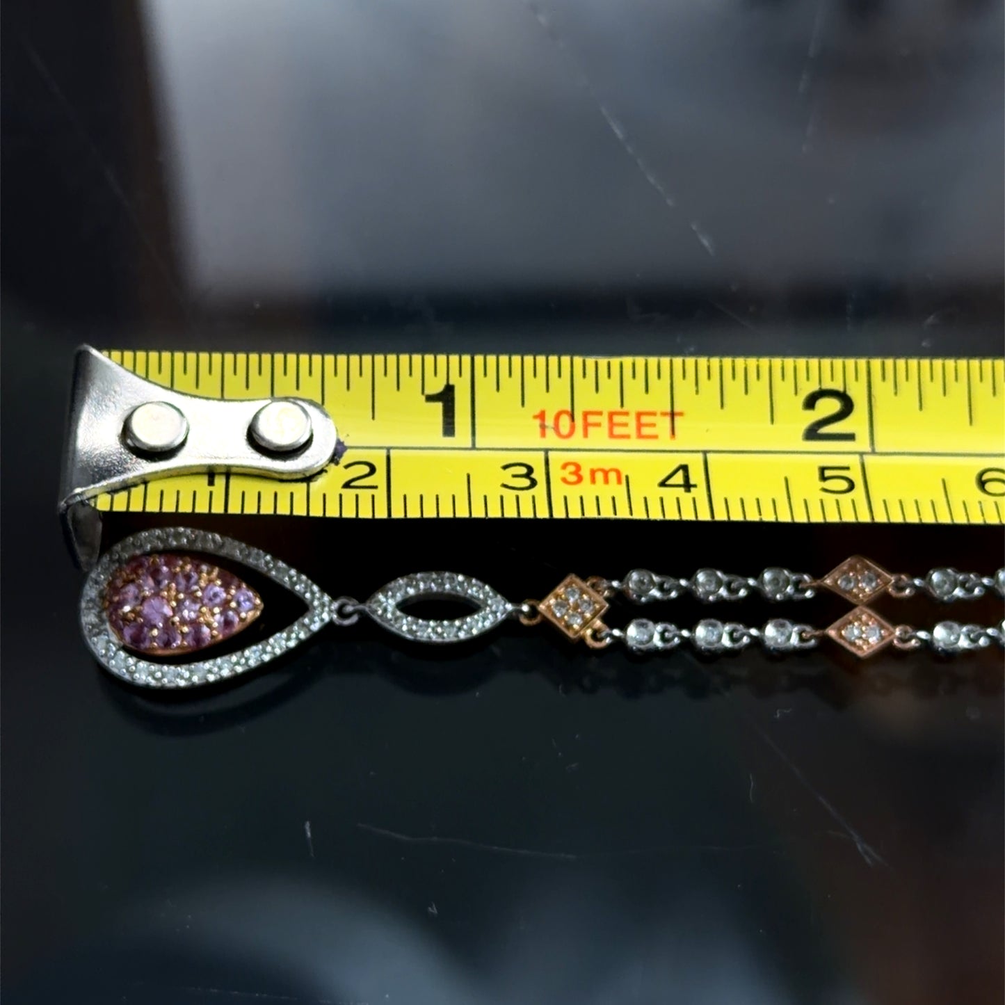 Sweet 14 k White & Rose Gold Diamond & Pink Sapphire Drop Pendant & Heart Earring Suite