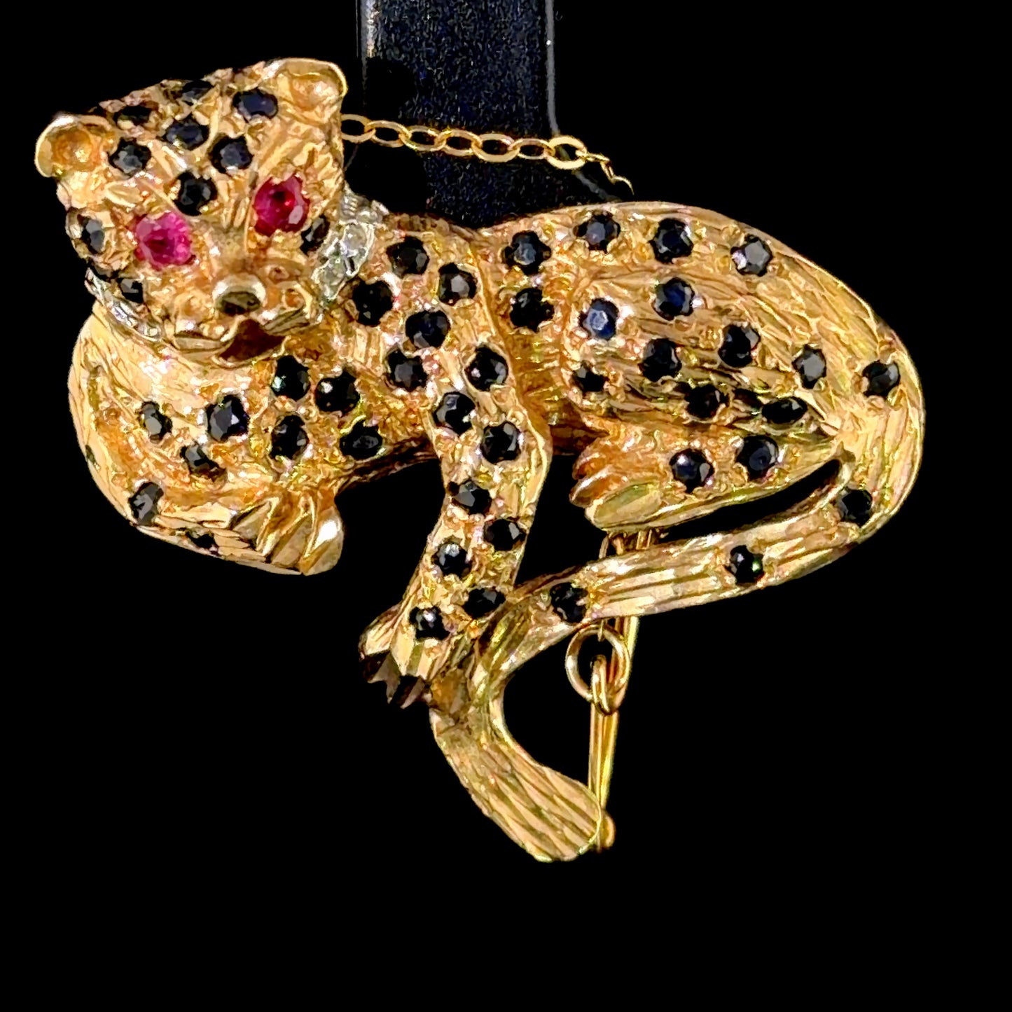 Vintage 9k Yellow Gold Ruby Diamond & Sapphire Brooch In The Form Of A Leopard