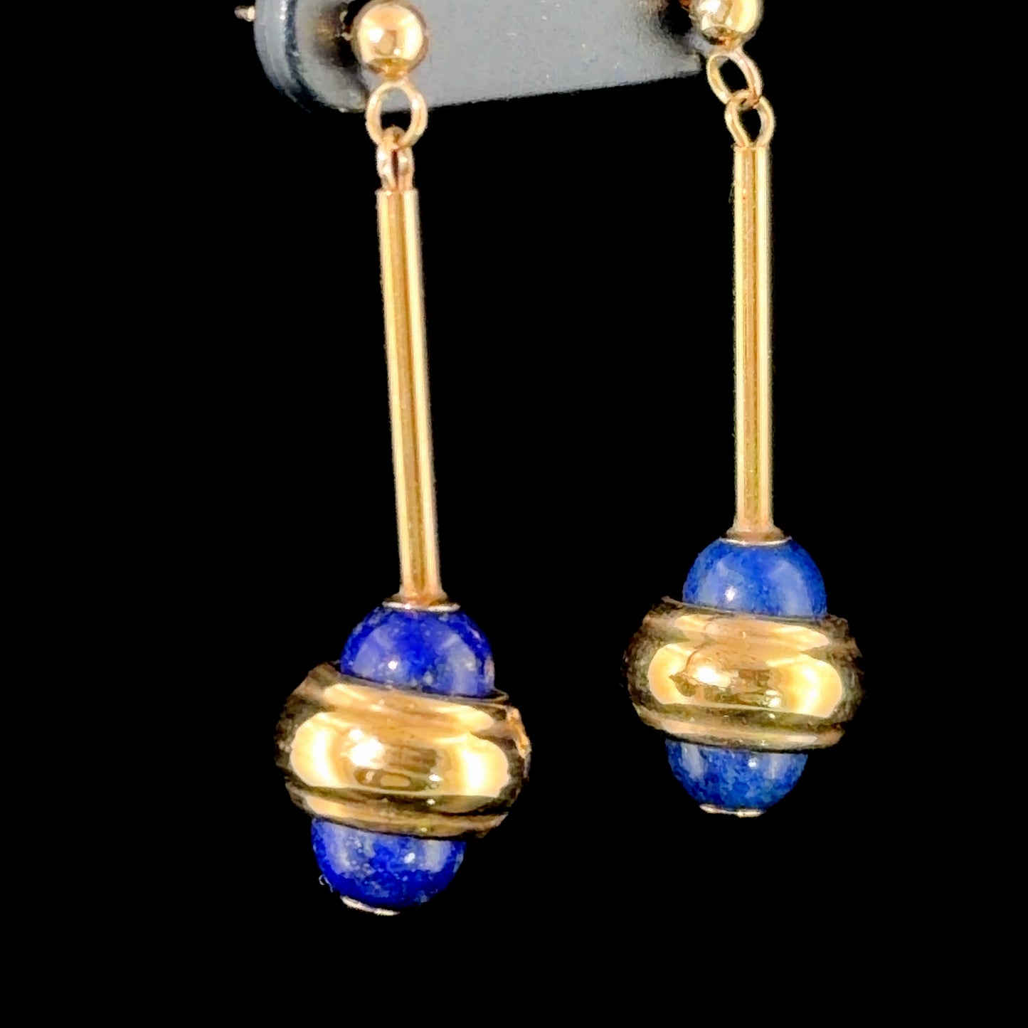 Vintage 9k Yellow Gold Lapis Lazuli Bar Drop Earrings