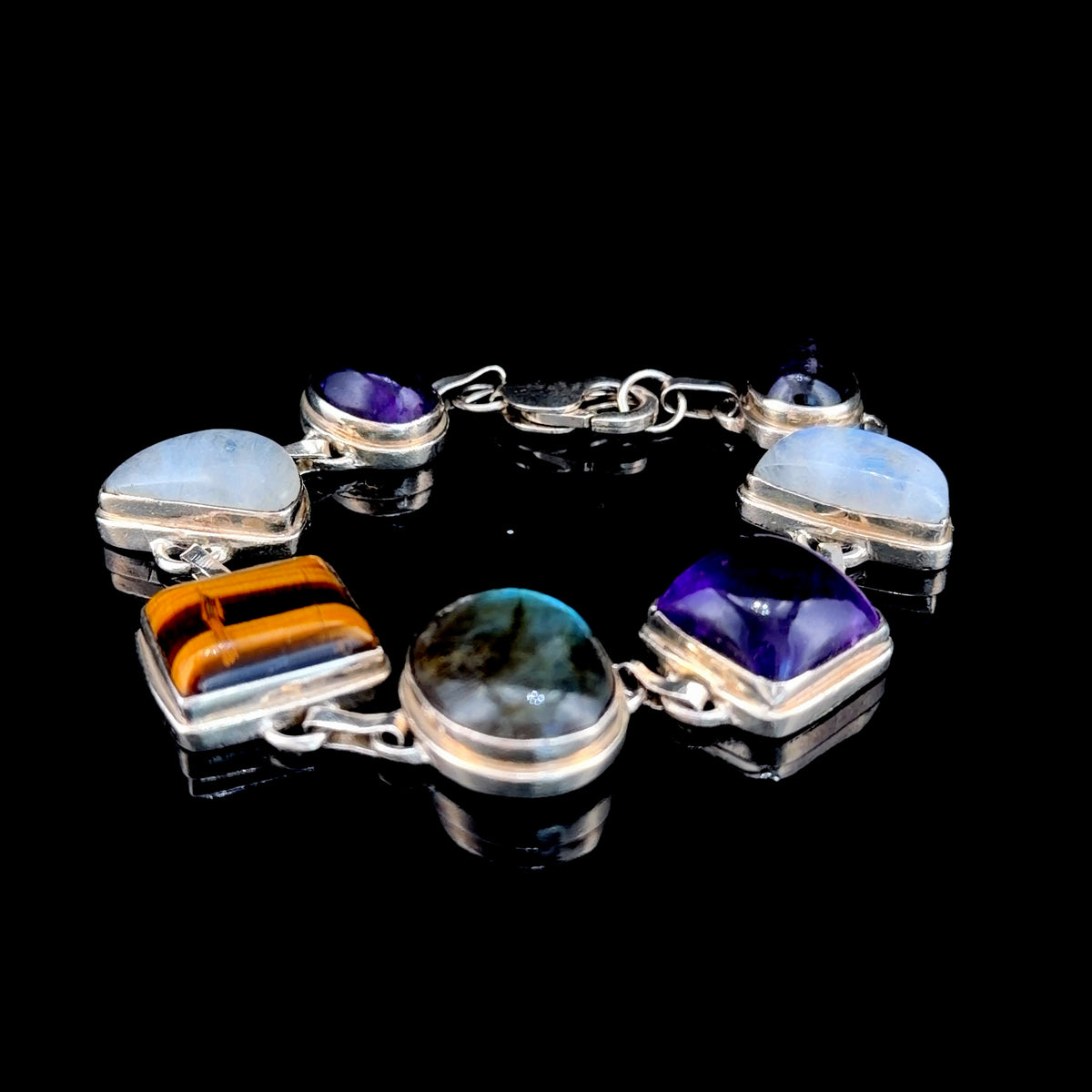 Stunning Silver Gemstone Bracelet with Amethyst Tigers Eye Laboradite & Moonstone
