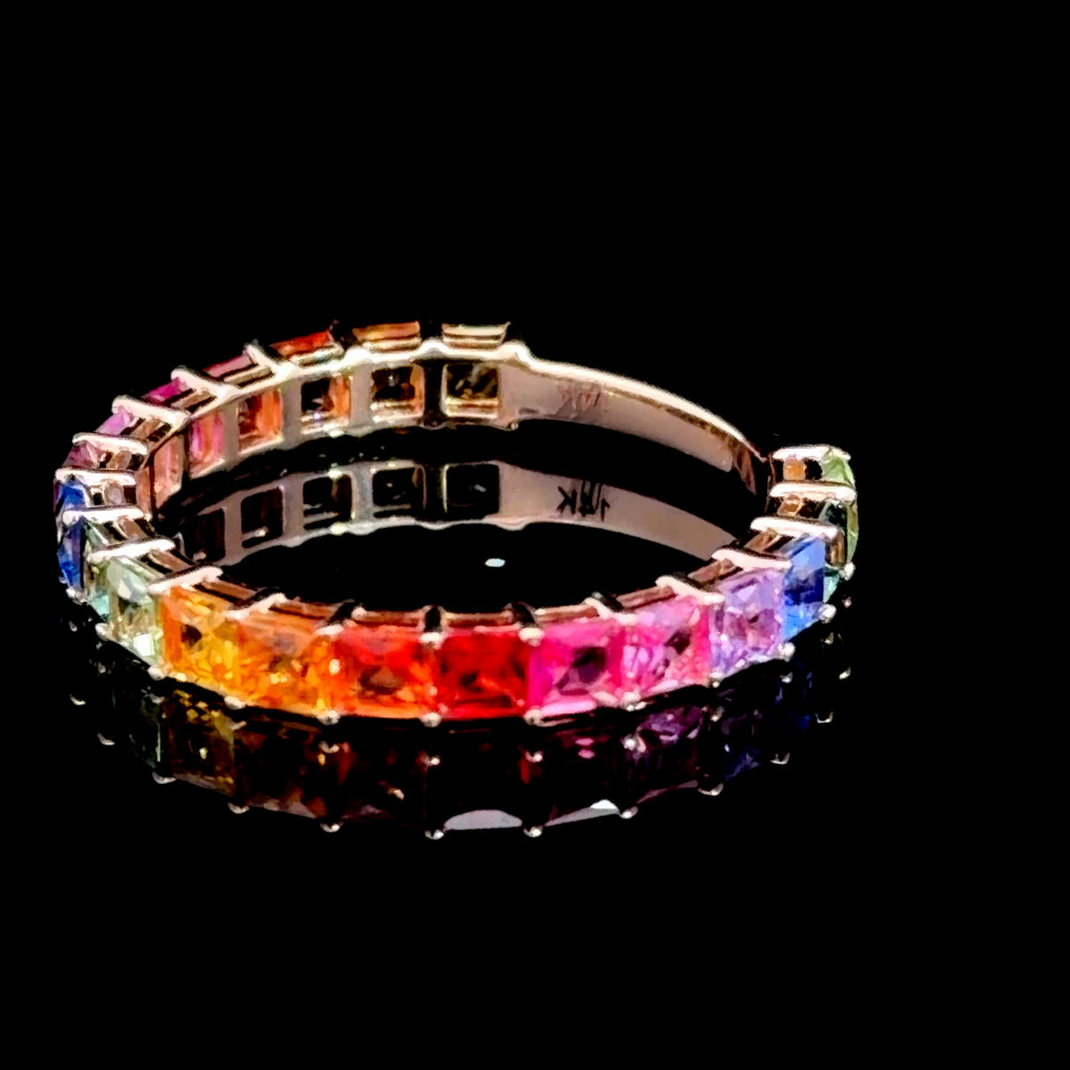 Very Pretty 14k Rose Gold Princess Cut Rainbow Sapphire Full Eternity Ring With Sizing Bar Appx 2.0 Cts Of Sapphires.