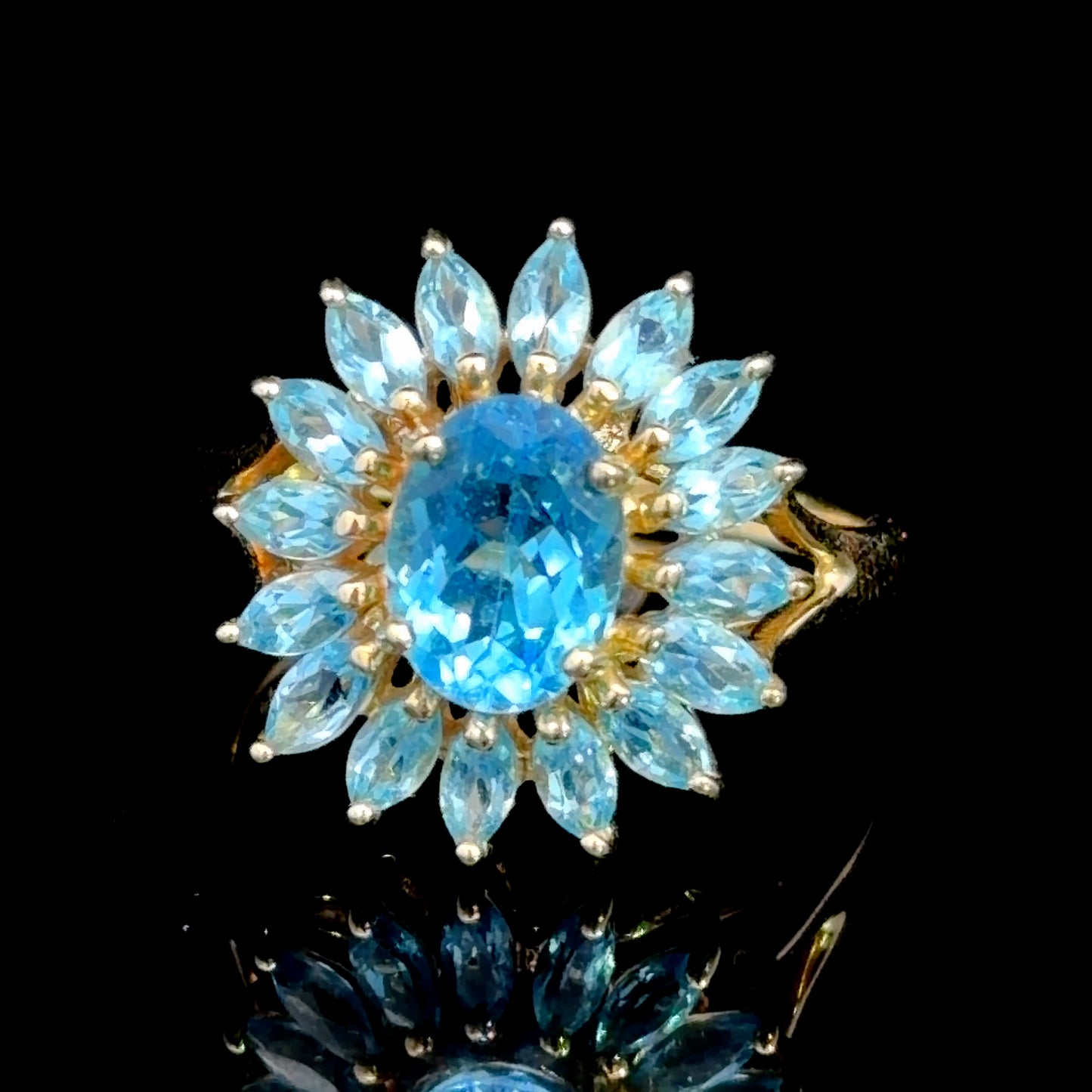 Blue Topaz Floral Cluster Cocktail Ring in 14k Yellow Gold
