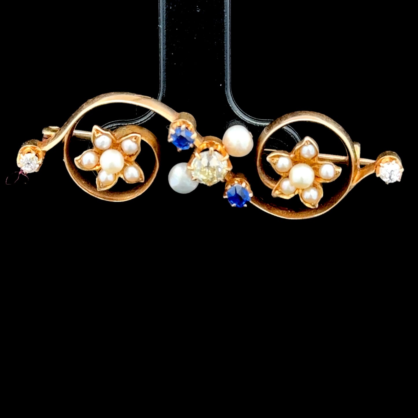 14K Yellow Gold Diamond, Sapphire & Pearl Brooch