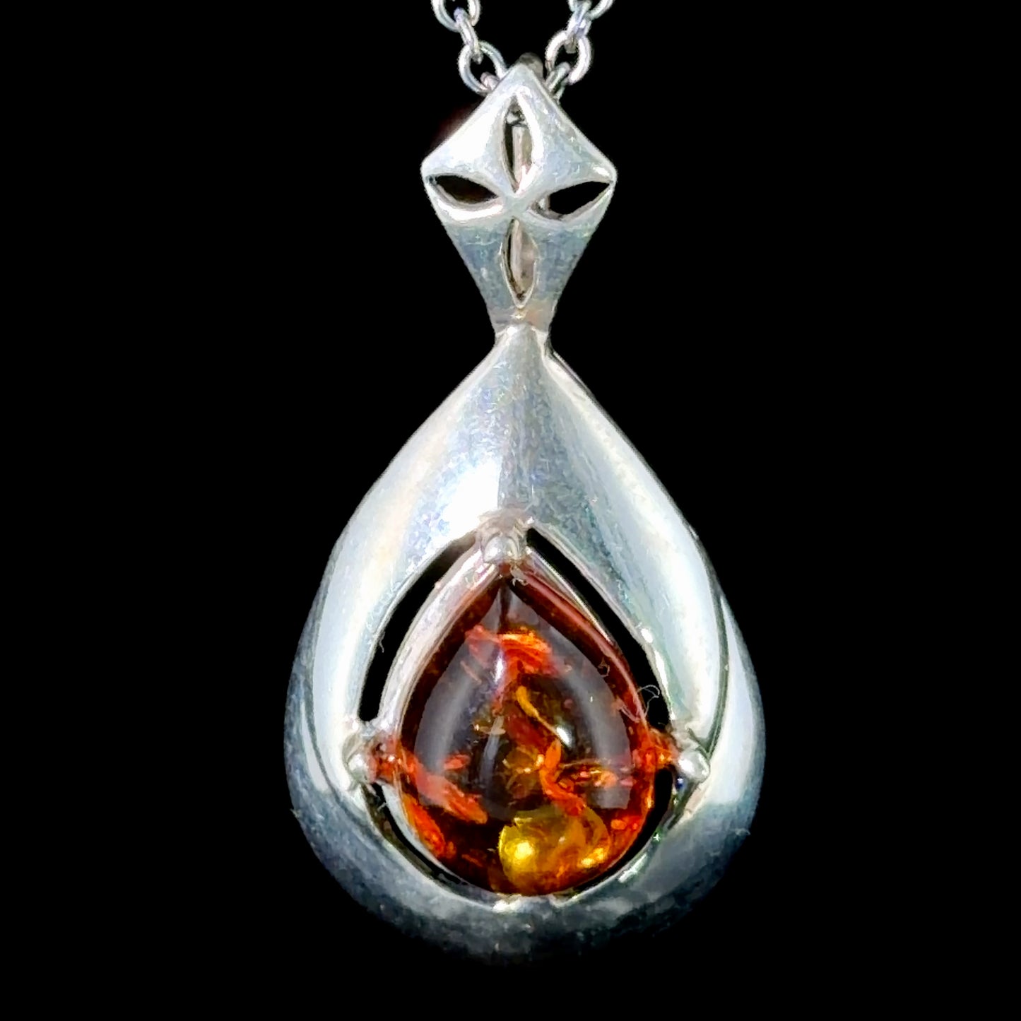 Silver & Pear Amber Drop Pendant